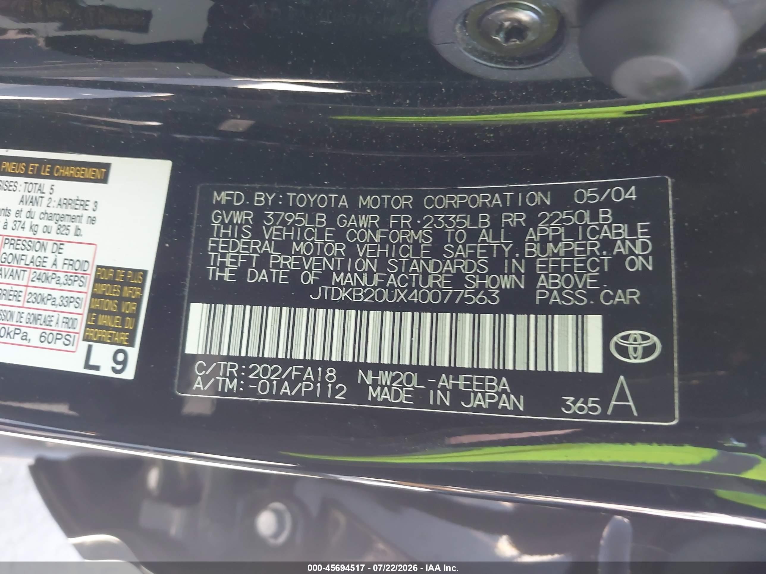 2004 Toyota Prius   Black vin: JTDKB20UX40077563