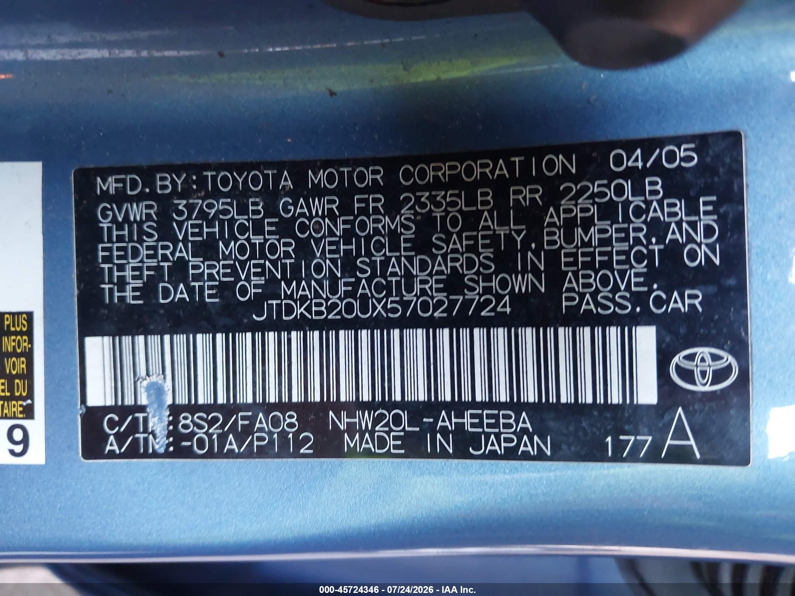 2005 Toyota Prius   Light Blue vin: JTDKB20UX57027724
