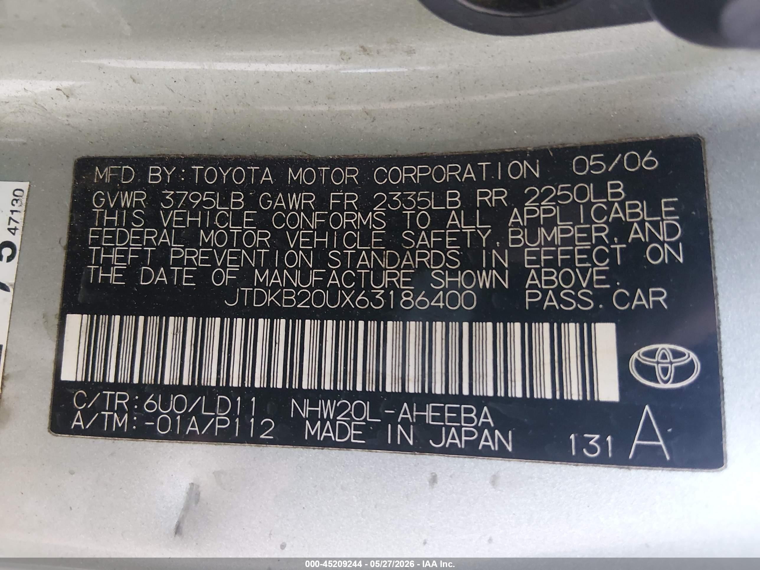 2006 Toyota Prius   Green vin: JTDKB20UX63186400