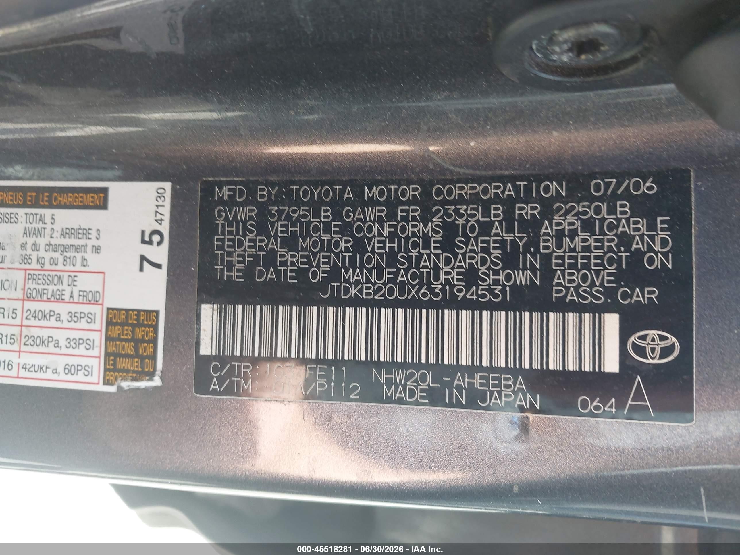 2006 Toyota Prius Gray vin: JTDKB20UX63194531