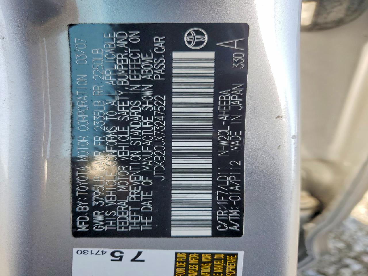 2007 Toyota Prius Base Silver vin: JTDKB20UX73247522