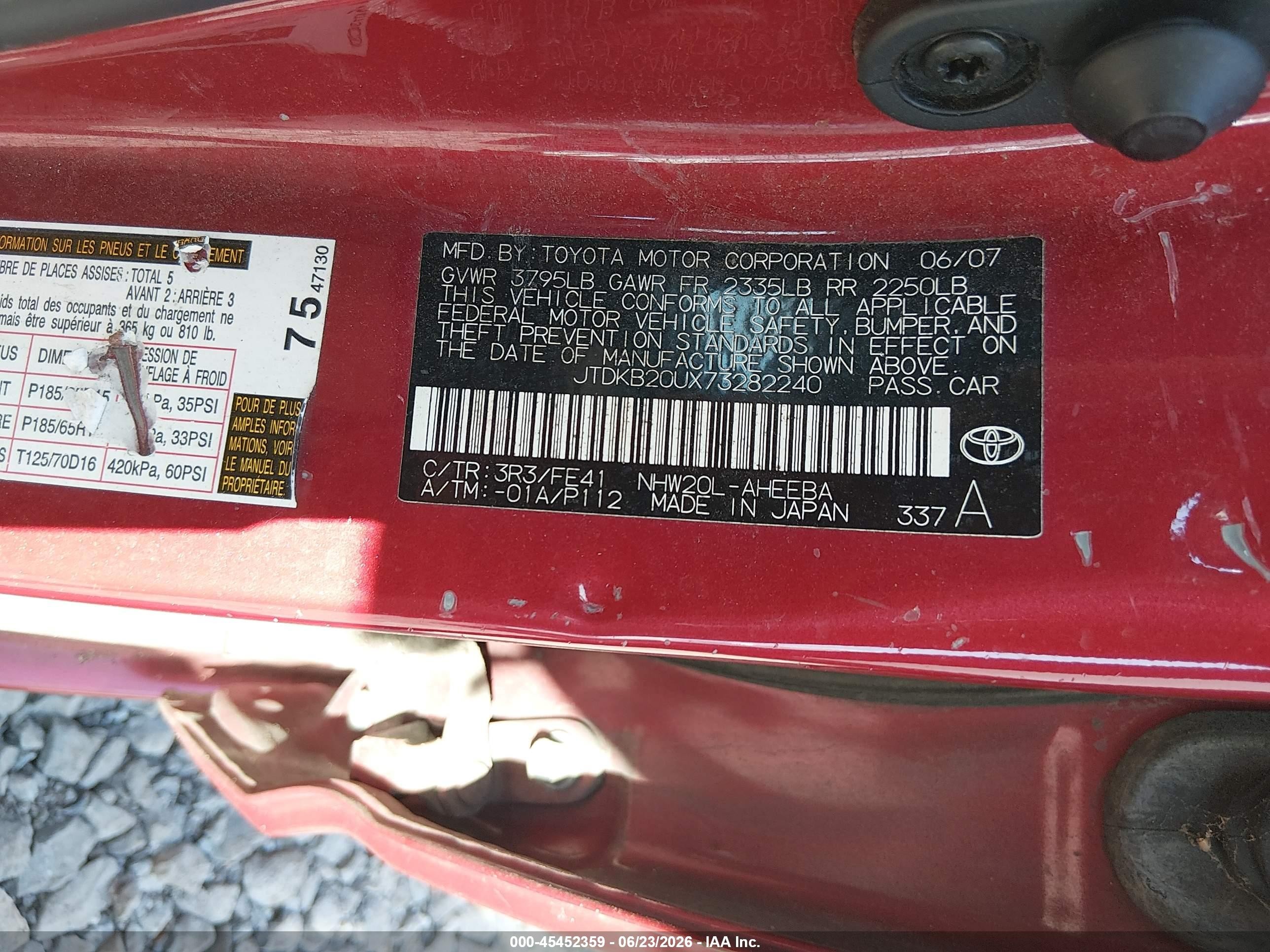 2007 Toyota Prius   Red vin: JTDKB20UX73282240