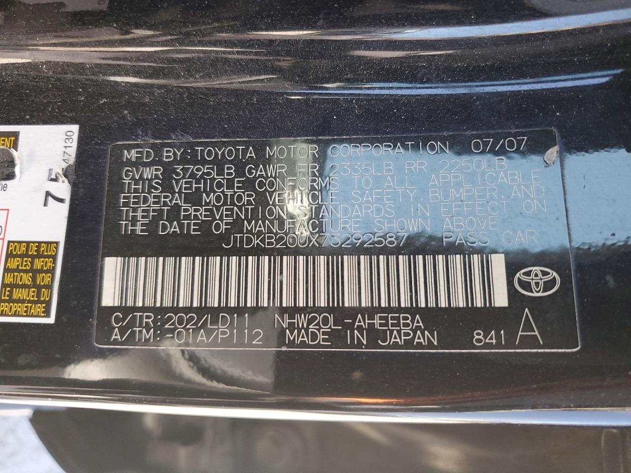 2007 Toyota Prius Base Black vin: JTDKB20UX73292587