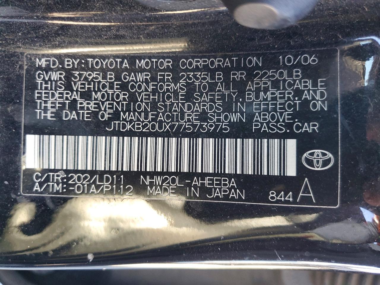 2007 Toyota Prius Base Черный vin: JTDKB20UX77573975