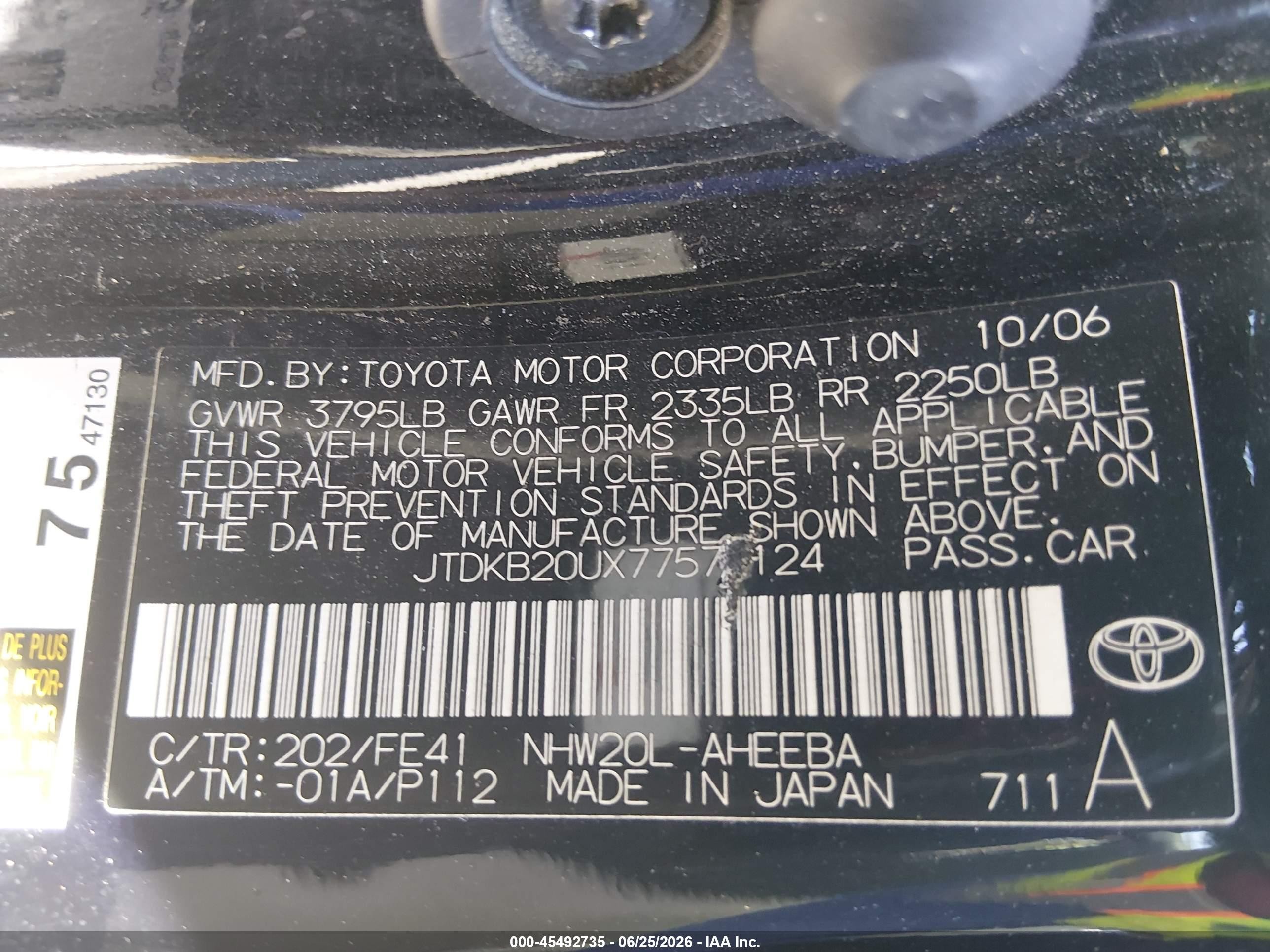 2007 Toyota Prius   Black vin: JTDKB20UX77574124