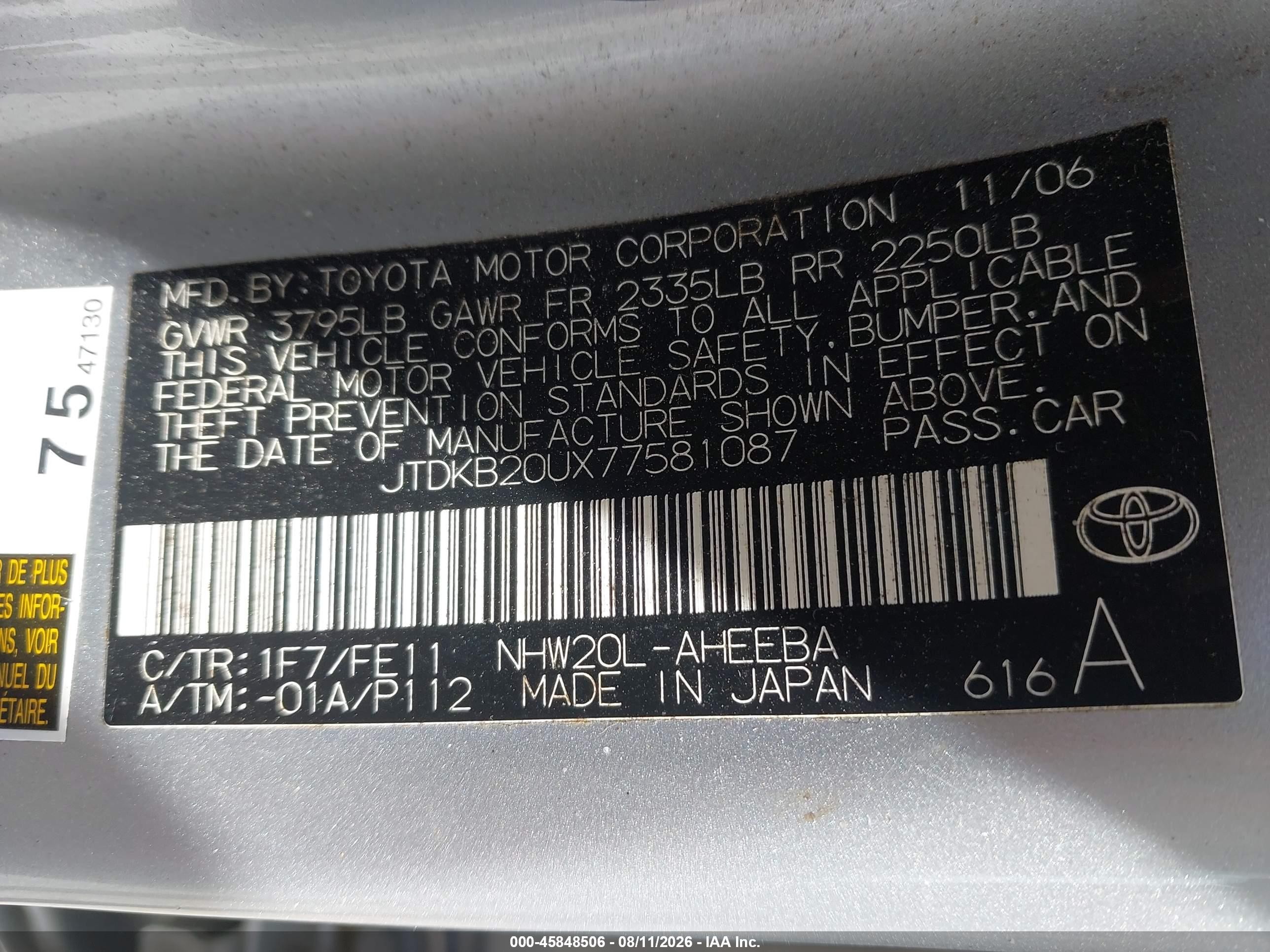 2007 Toyota Prius   Silver vin: JTDKB20UX77581087