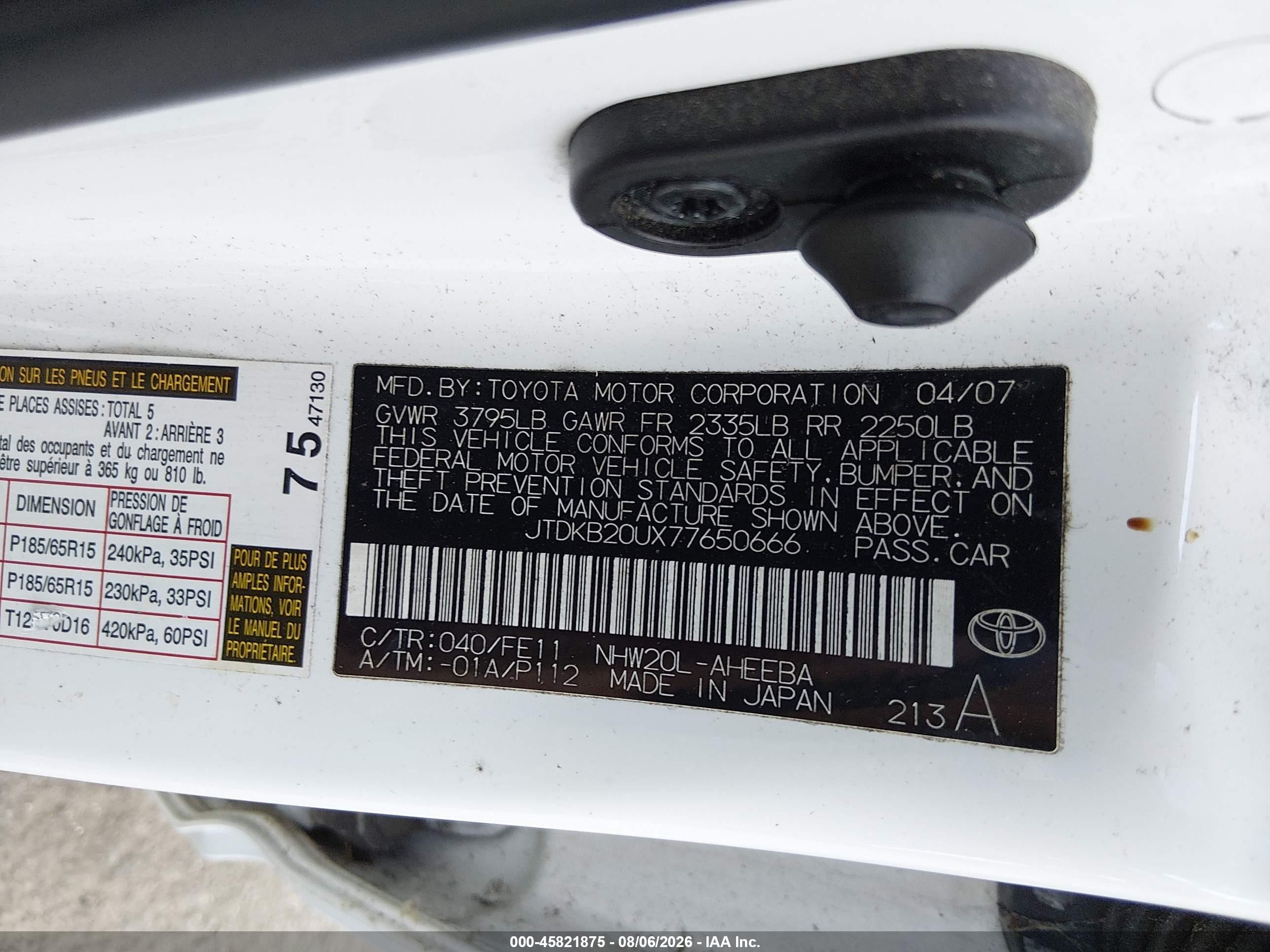 2007 Toyota Prius   White vin: JTDKB20UX77650666