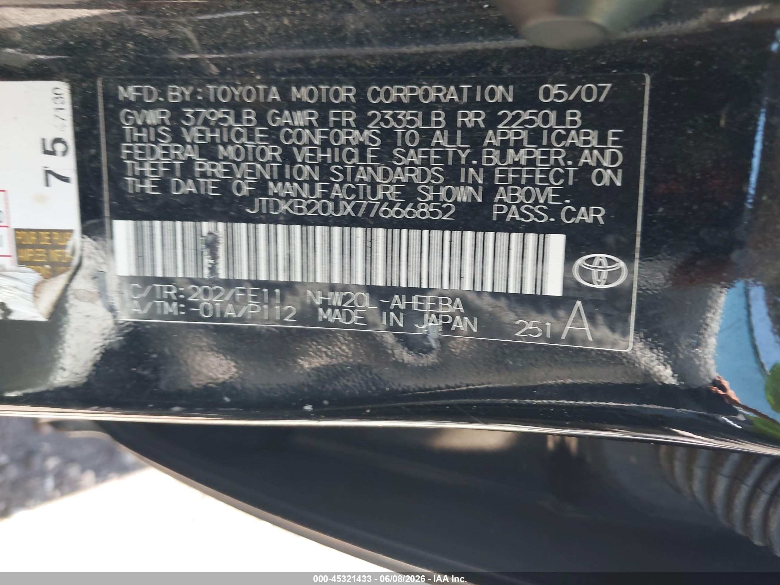 2007 Toyota Prius Black vin: JTDKB20UX77666852