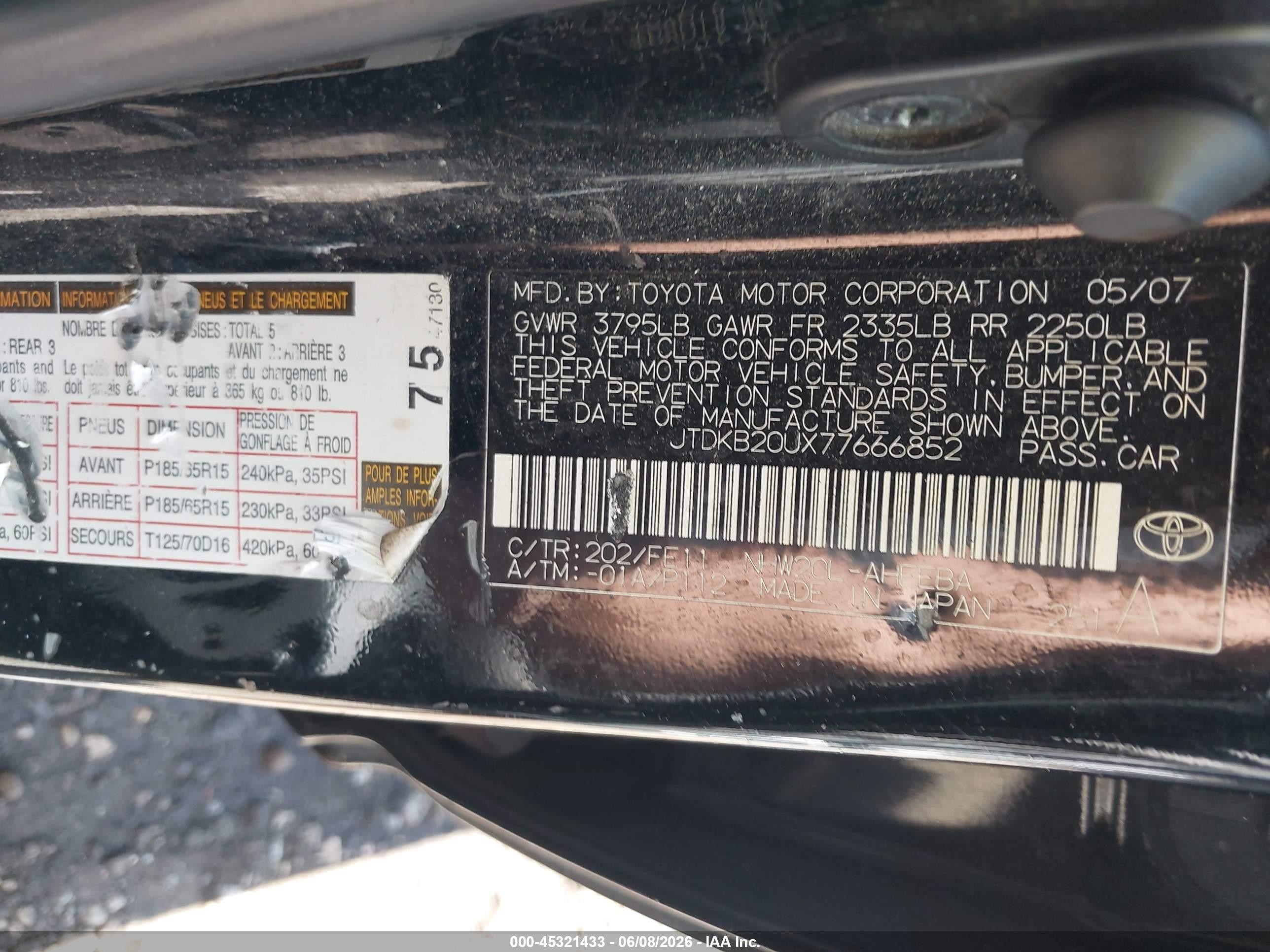 2007 Toyota Prius Black vin: JTDKB20UX77666852
