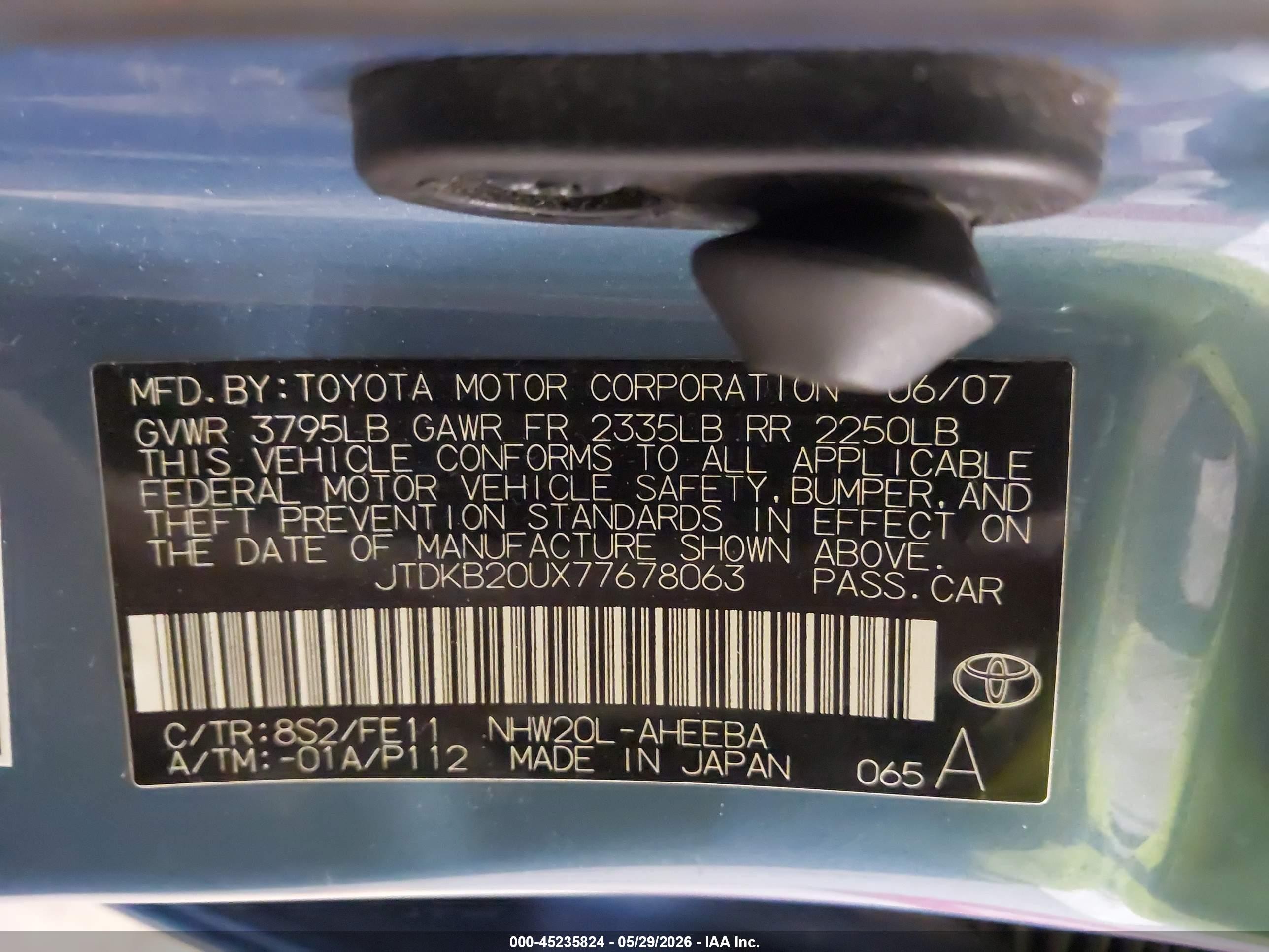 2007 Toyota Prius Blue vin: JTDKB20UX77678063