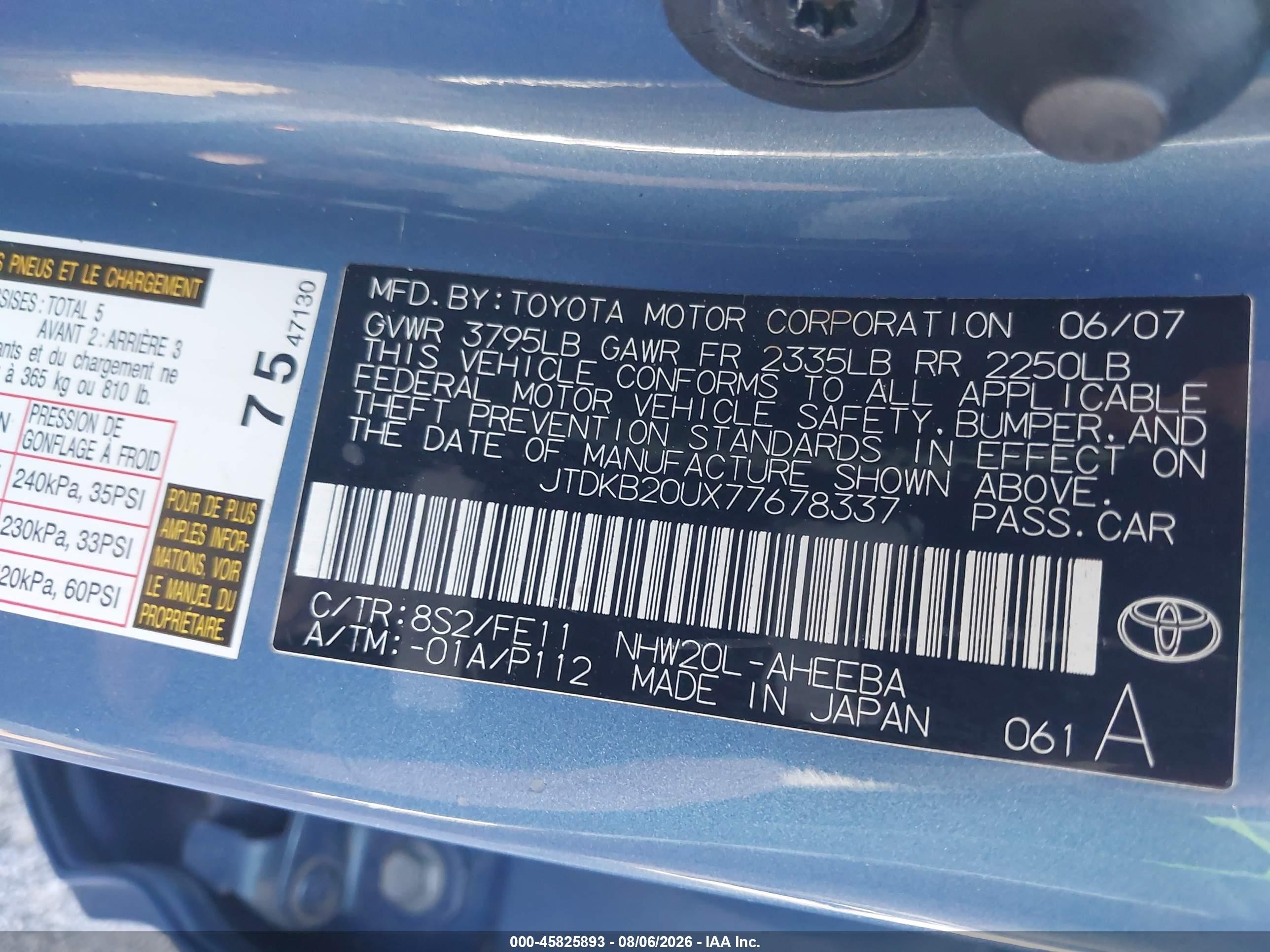 2007 Toyota Prius   Light Blue vin: JTDKB20UX77678337