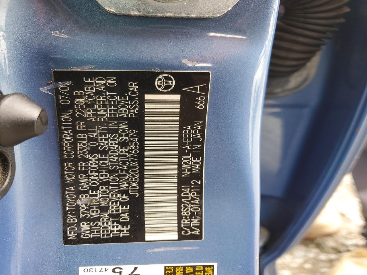 2007 Toyota Prius Base Blue vin: JTDKB20UX77685479