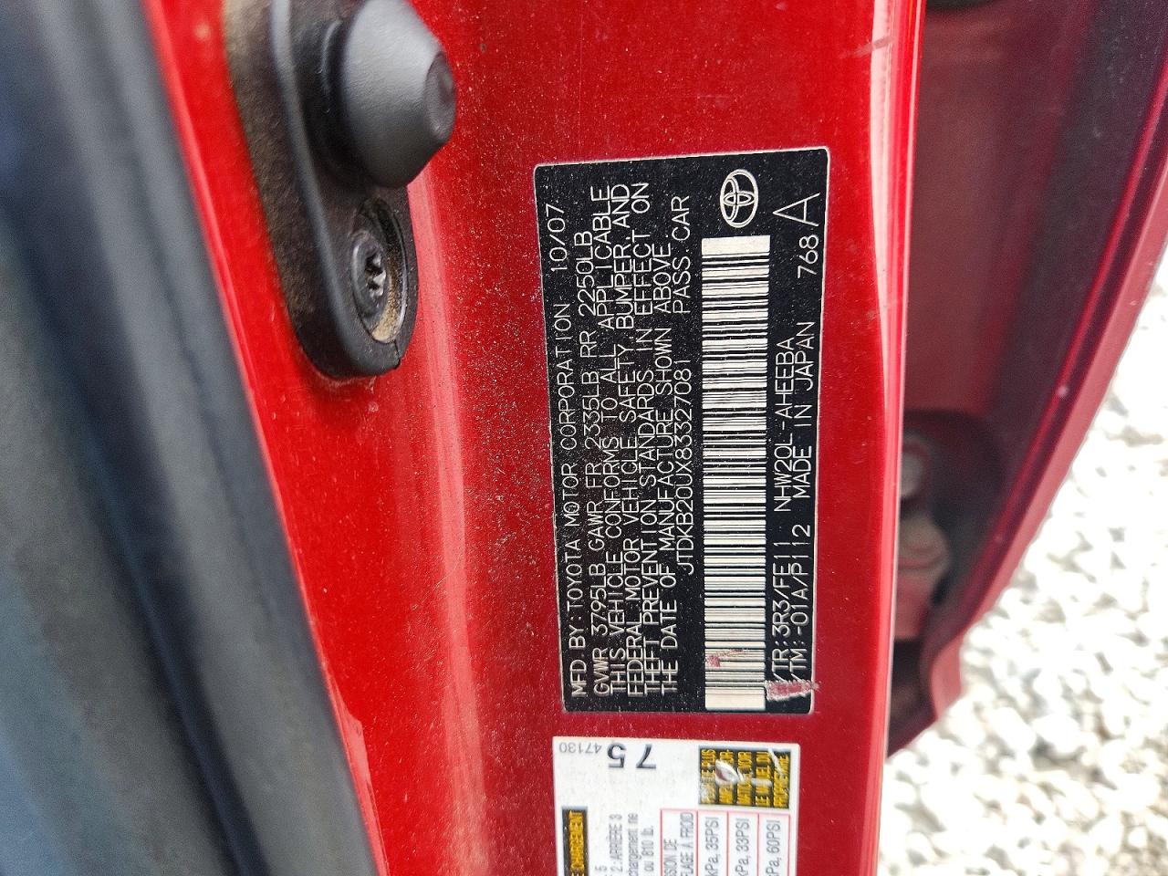 2008 Toyota Prius Base Red vin: JTDKB20UX83327081
