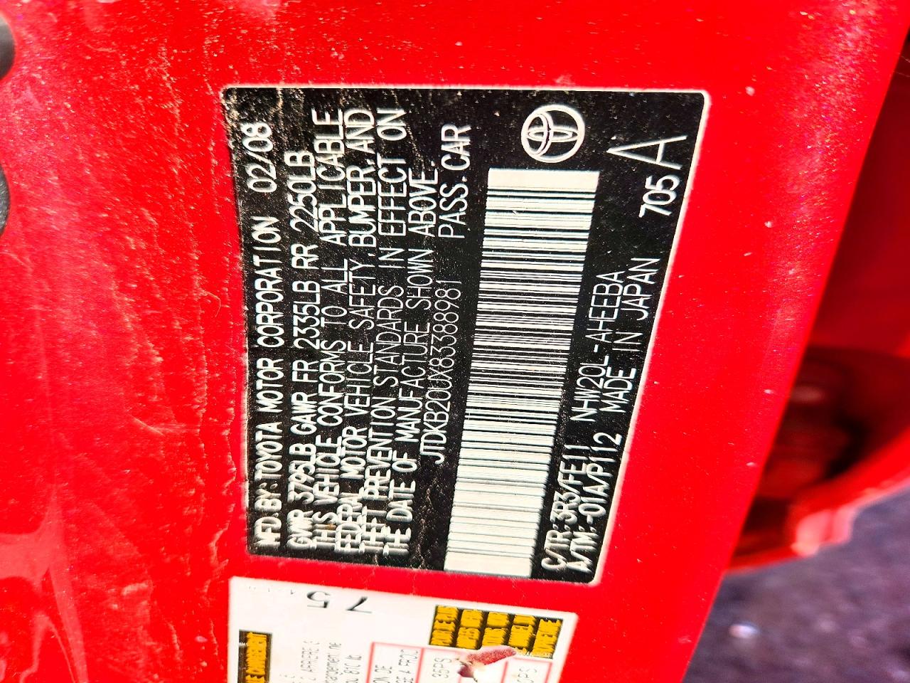 2008 Toyota Prius Base Red vin: JTDKB20UX83388981