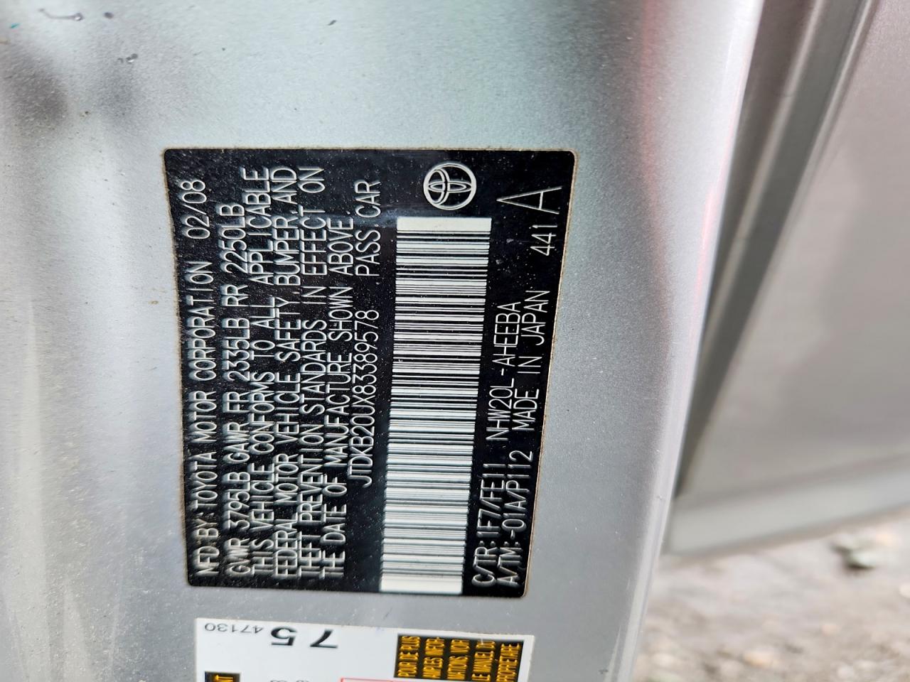 2008 Toyota Prius Silver vin: JTDKB20UX83389578