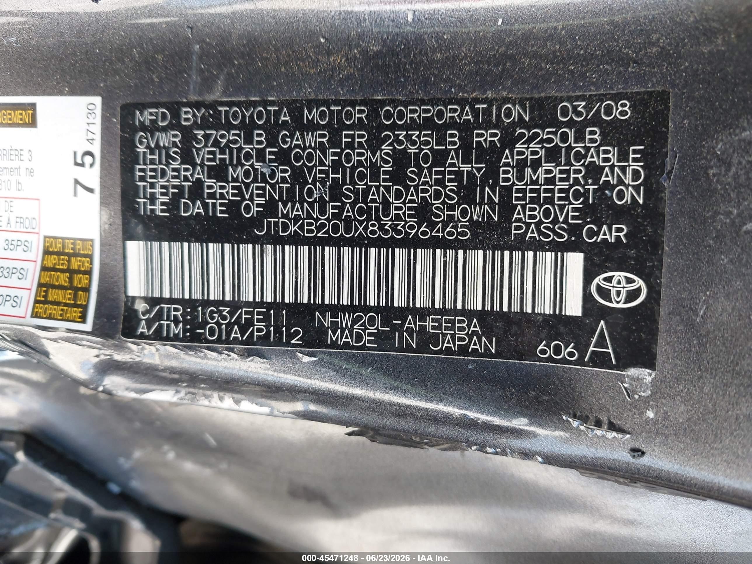 2008 Toyota Prius   Gray vin: JTDKB20UX83396465