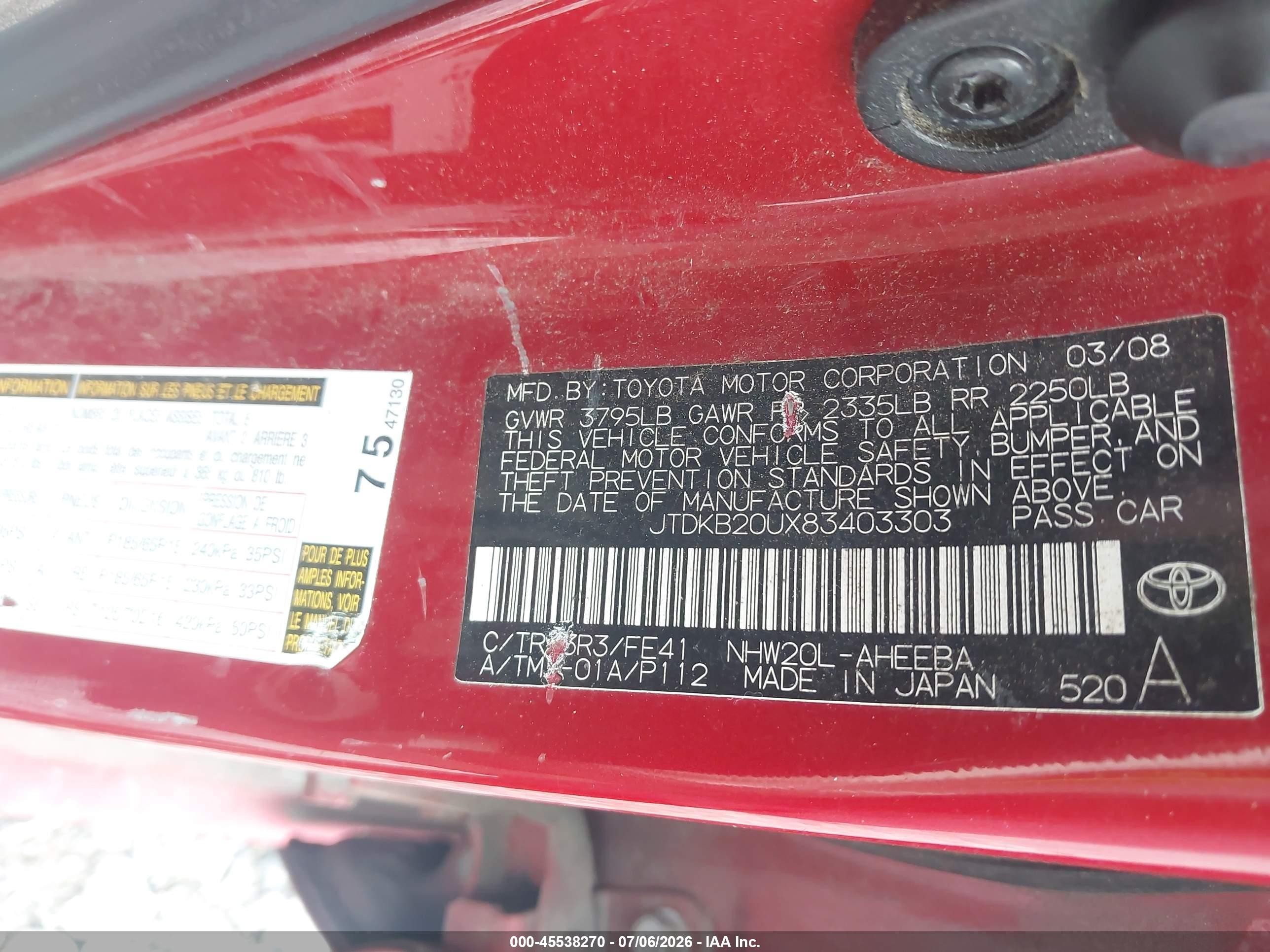 2008 Toyota Prius   Red vin: JTDKB20UX83403303