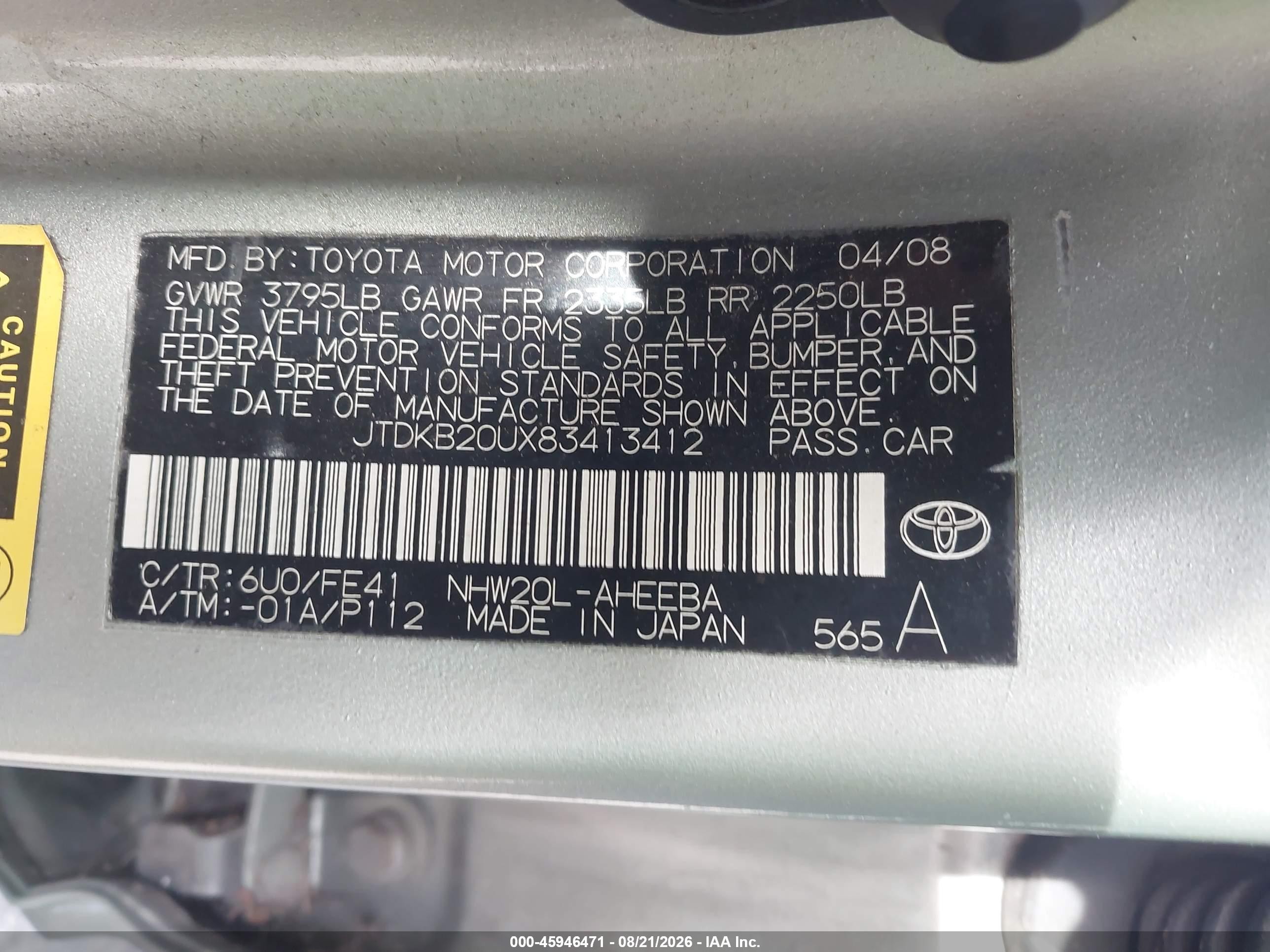 2008 Toyota Prius   Green vin: JTDKB20UX83413412