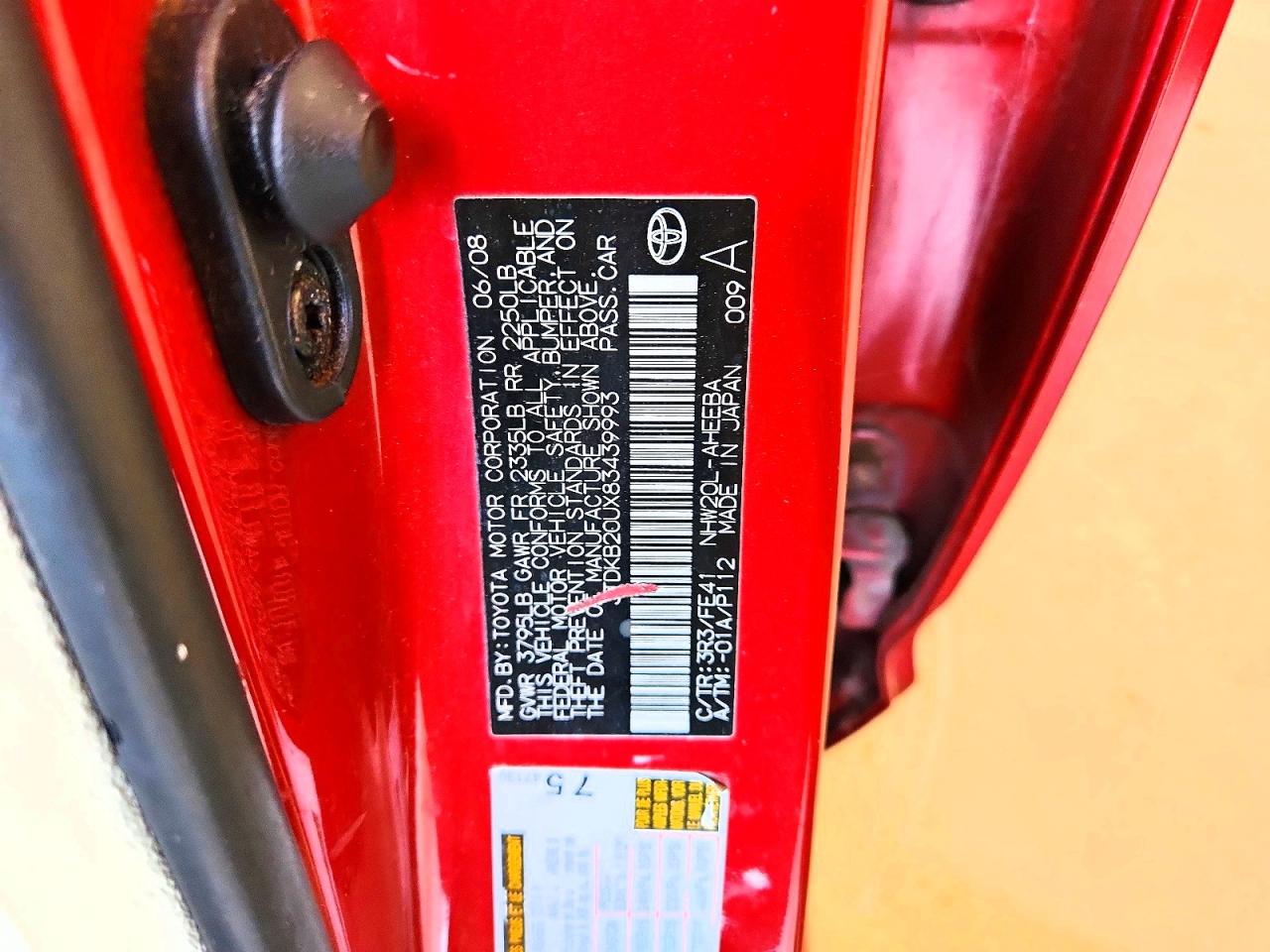 2008 Toyota Prius Base Red vin: JTDKB20UX83439993