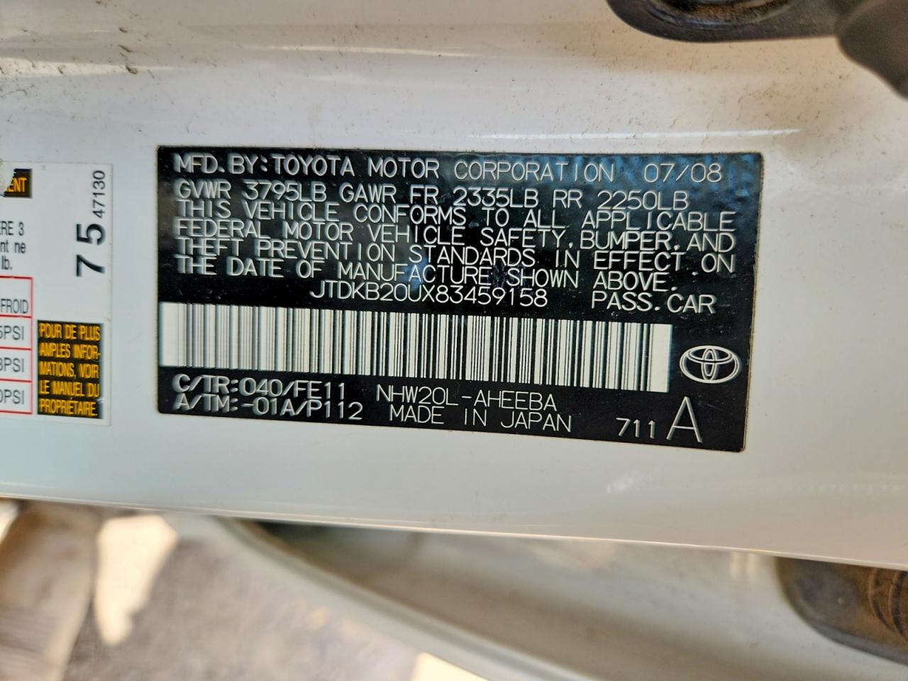 2008 Toyota Prius Base White vin: JTDKB20UX83459158