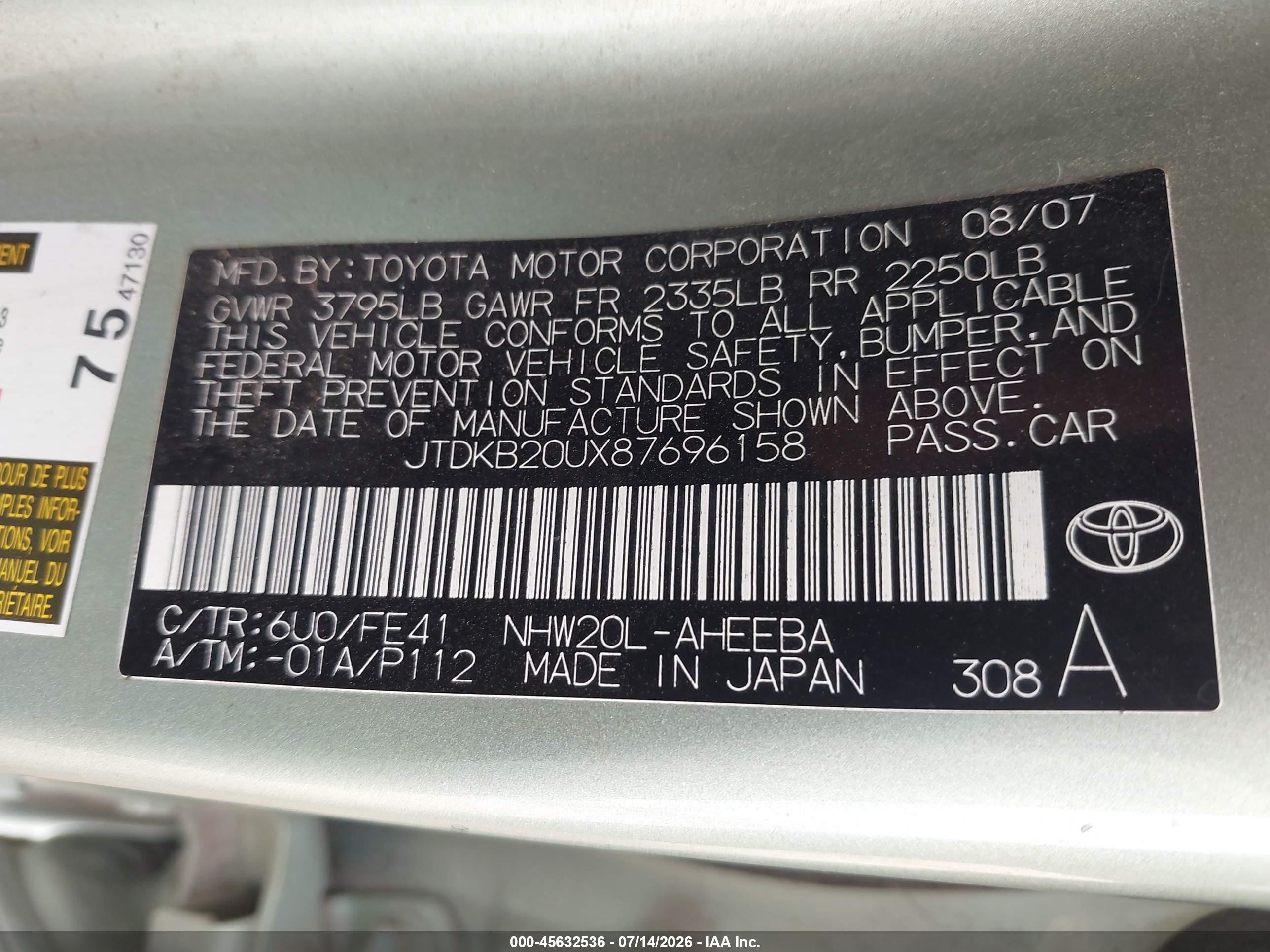 2008 Toyota Prius   Green vin: JTDKB20UX87696158
