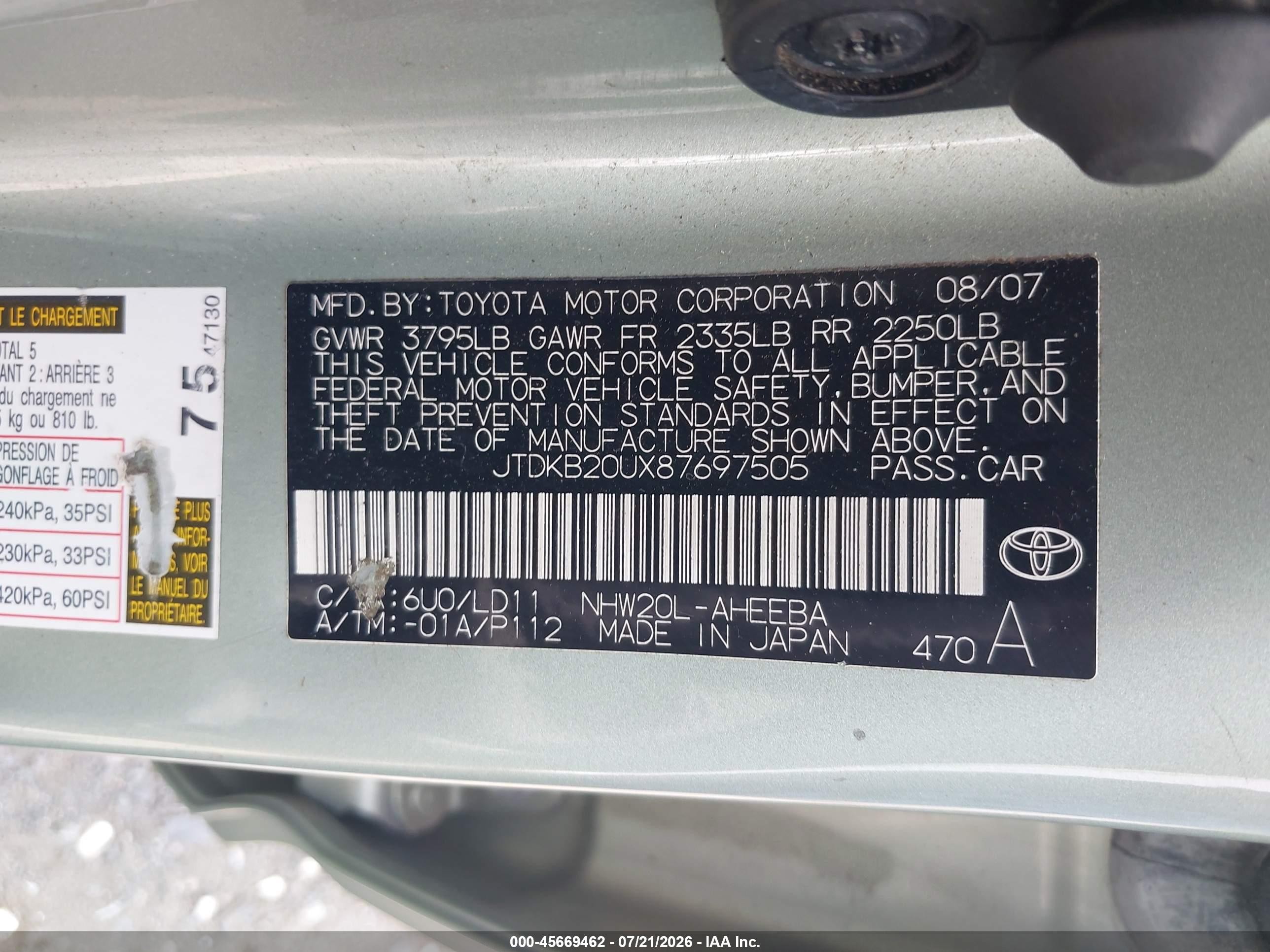 2008 Toyota Prius   Green vin: JTDKB20UX87697505