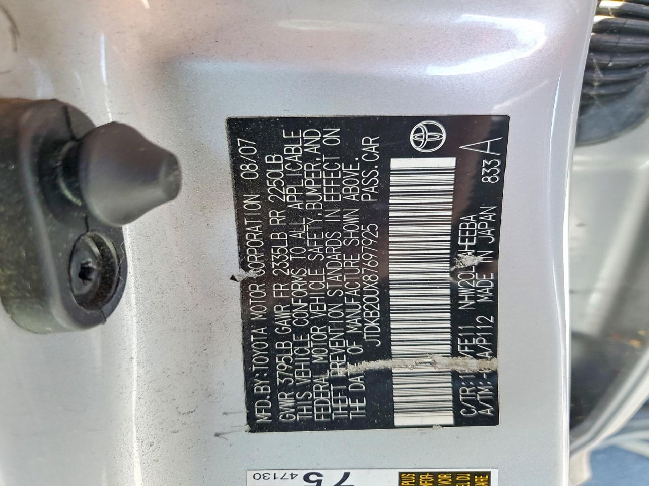 2008 Toyota Prius Base Silver vin: JTDKB20UX87697925
