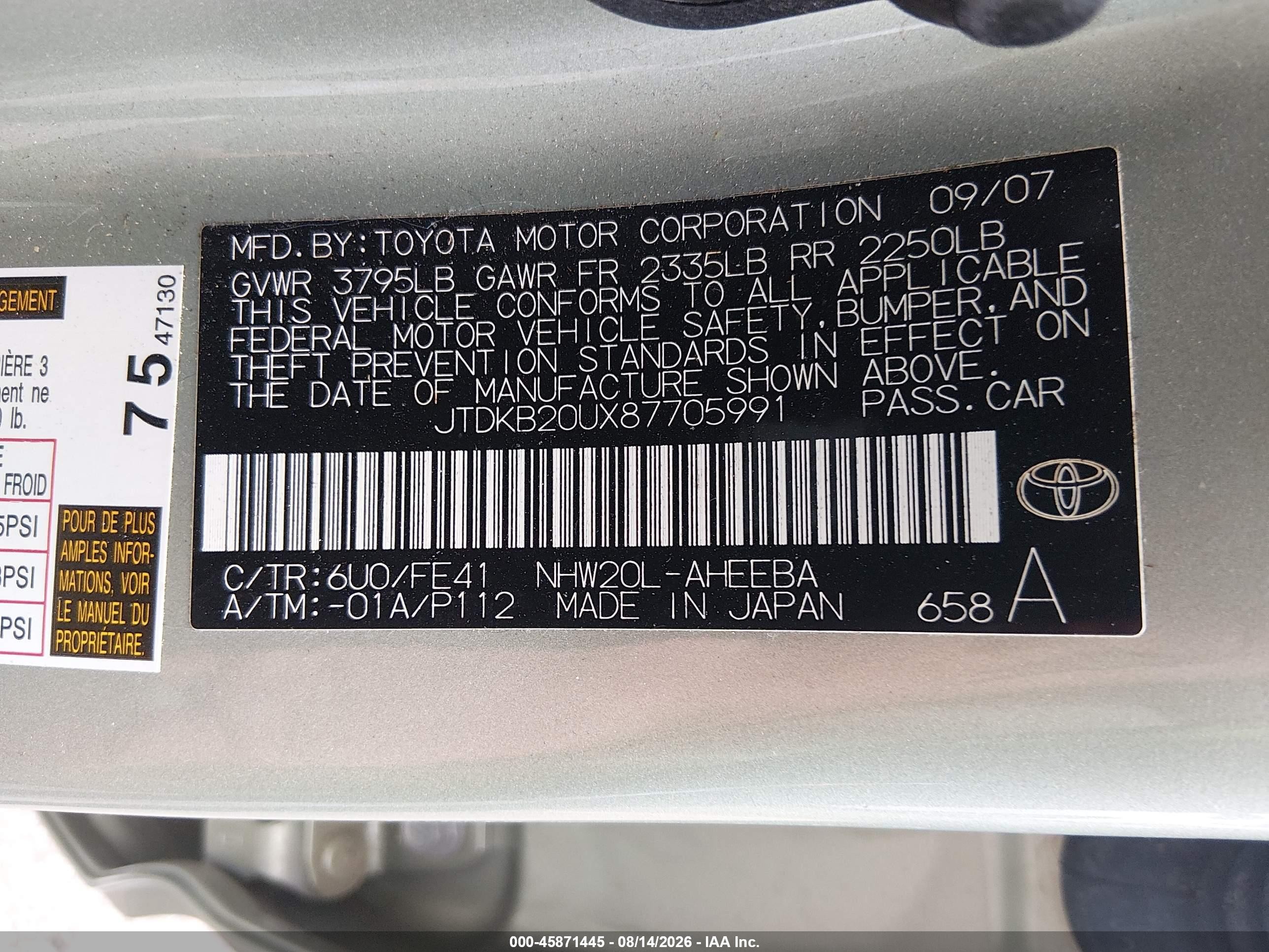 2008 Toyota Prius   Green vin: JTDKB20UX87705991