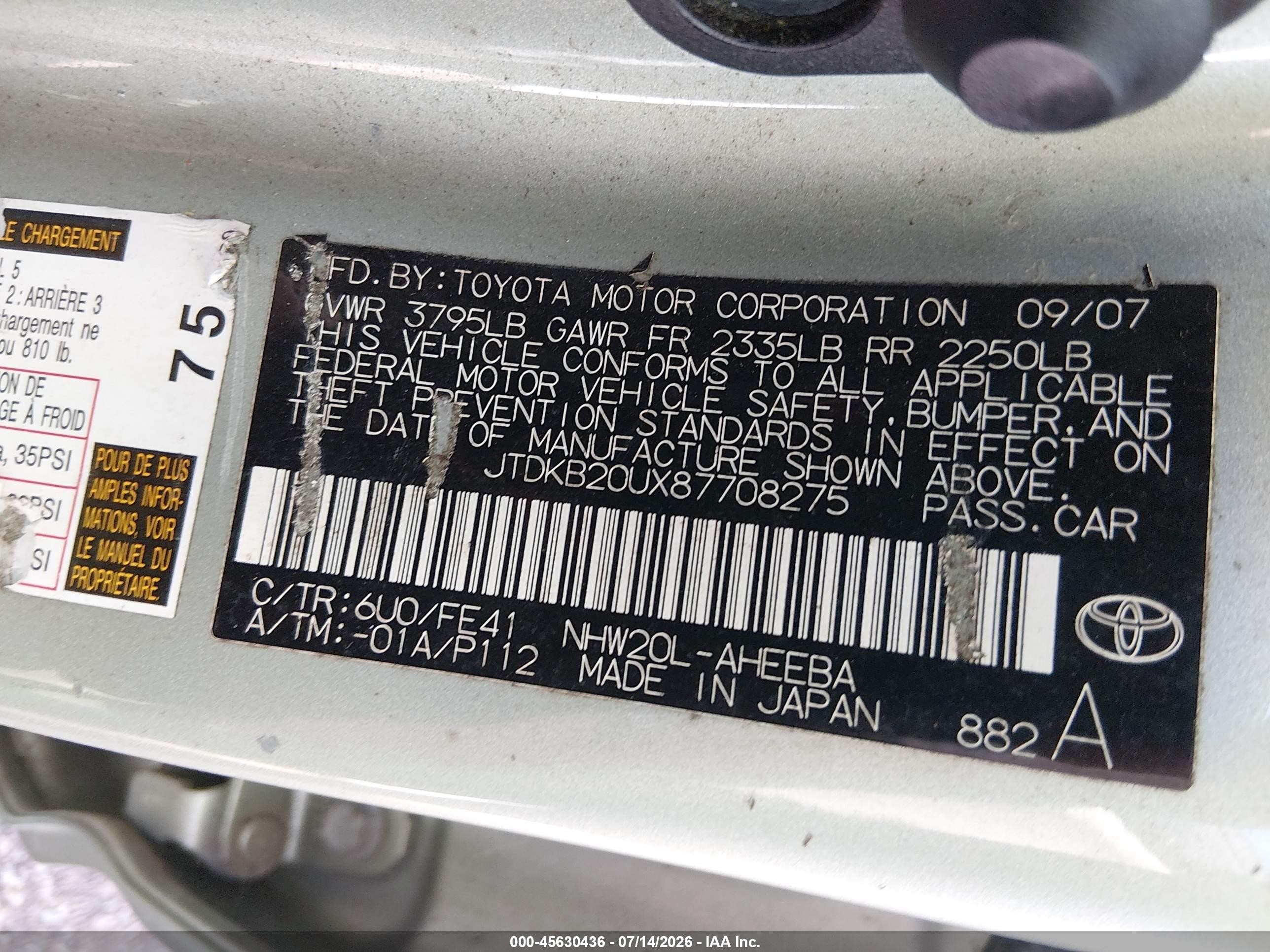 2008 Toyota Prius   Green vin: JTDKB20UX87708275