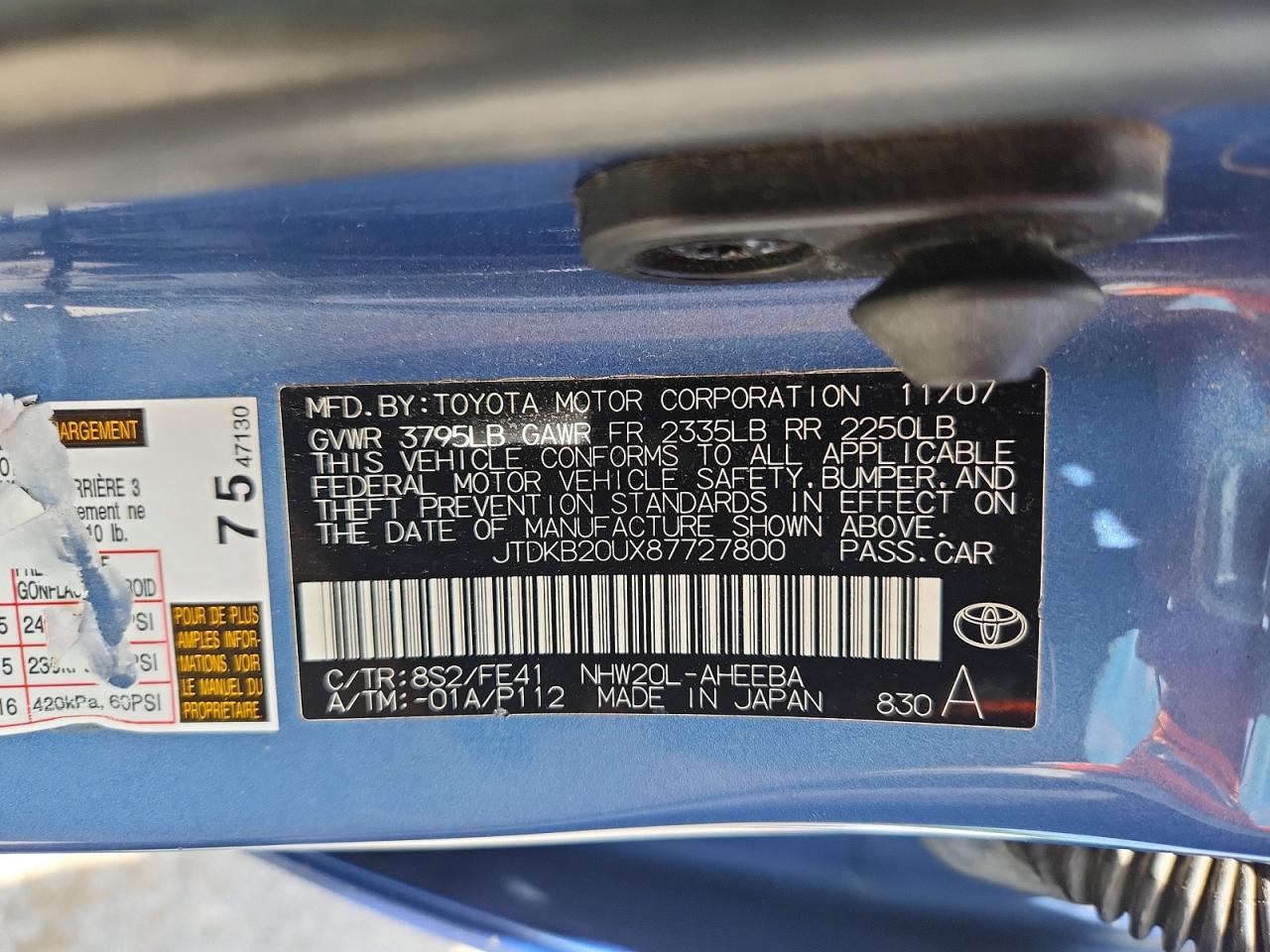 2008 Toyota Prius Base Blue vin: JTDKB20UX87727800