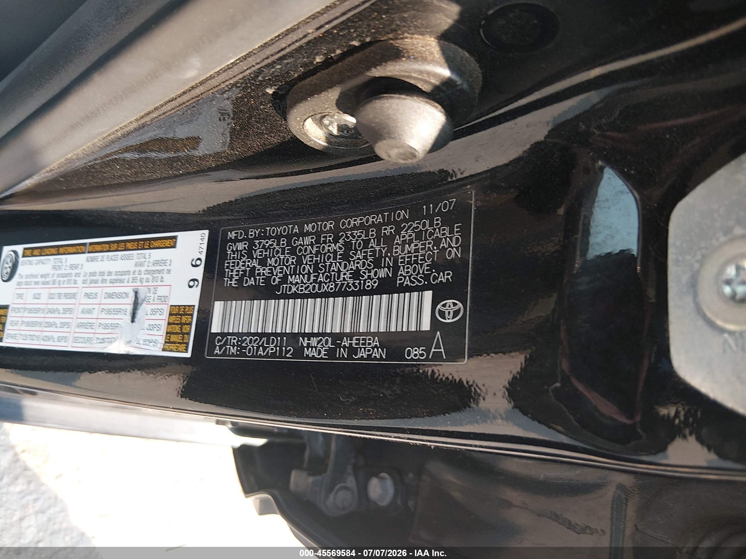 2008 Toyota Prius Touring Черный vin: JTDKB20UX87733189