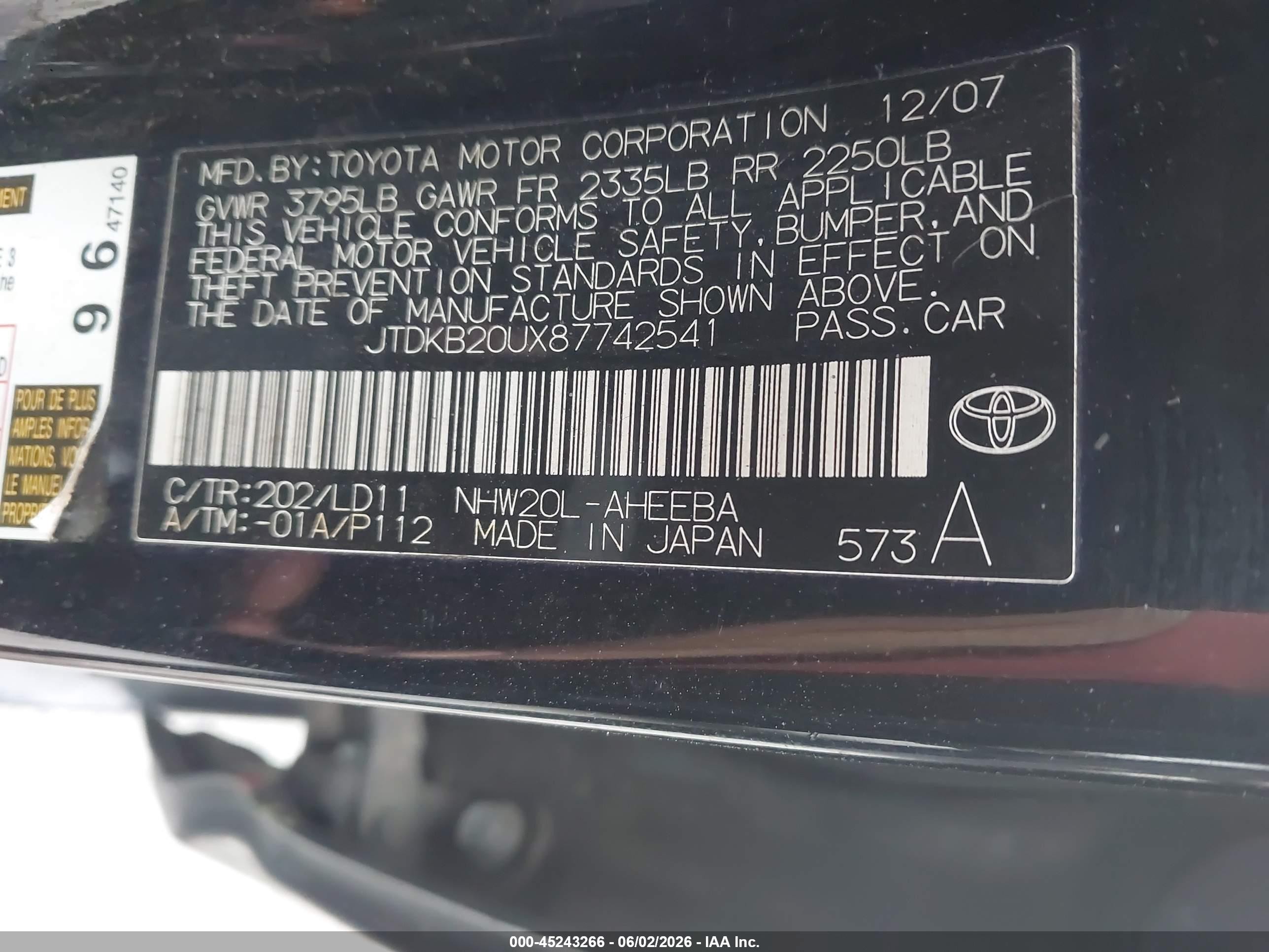 2008 Toyota Prius Touring Black vin: JTDKB20UX87742541