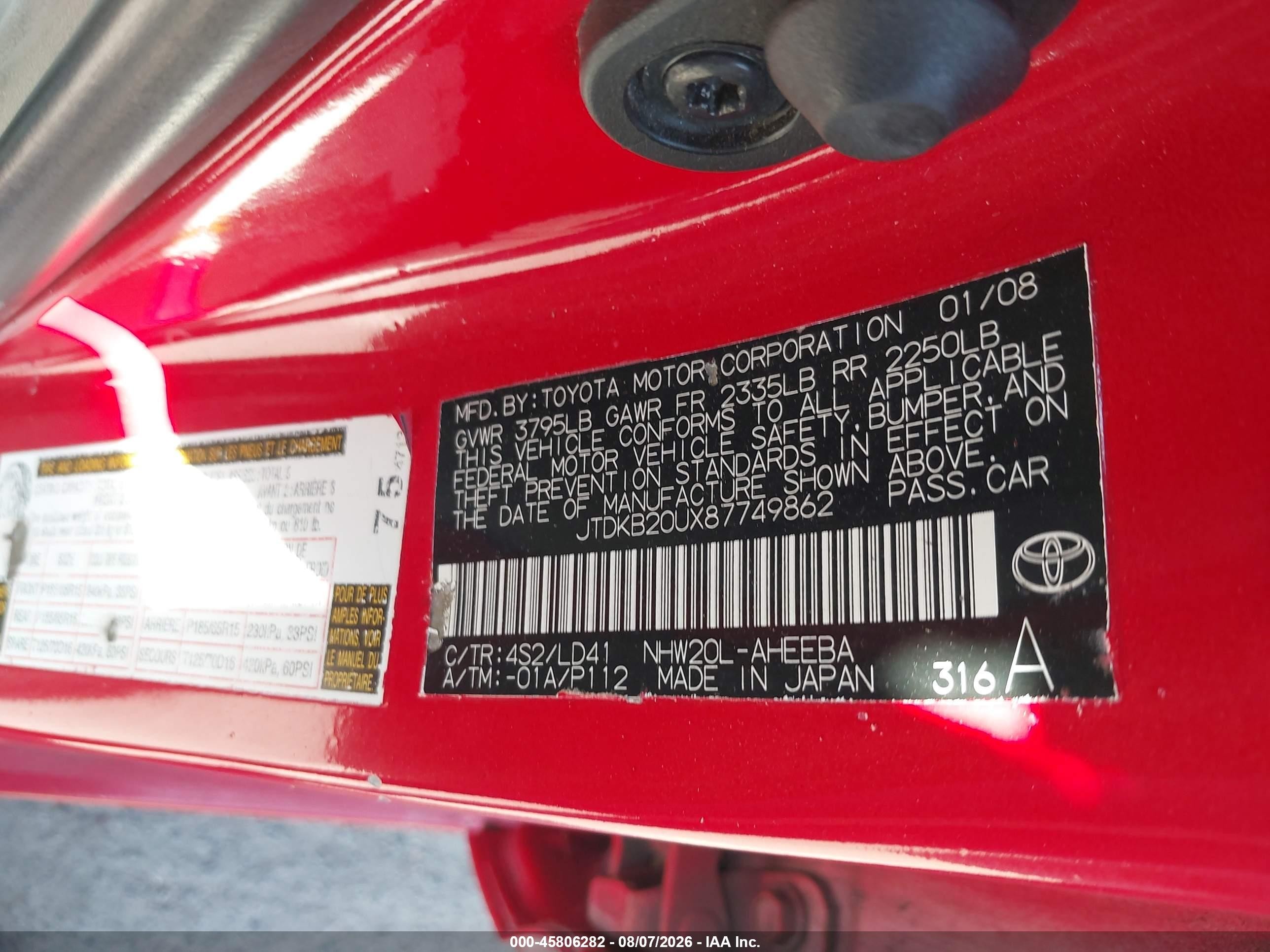 2008 Toyota Prius   Red vin: JTDKB20UX87749862