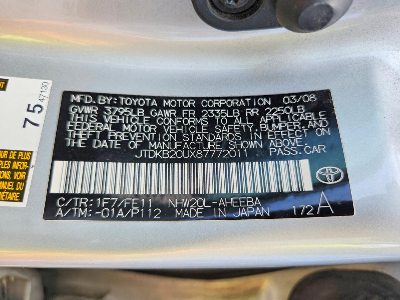 2008 Toyota Prius Base Silver vin: JTDKB20UX87772011