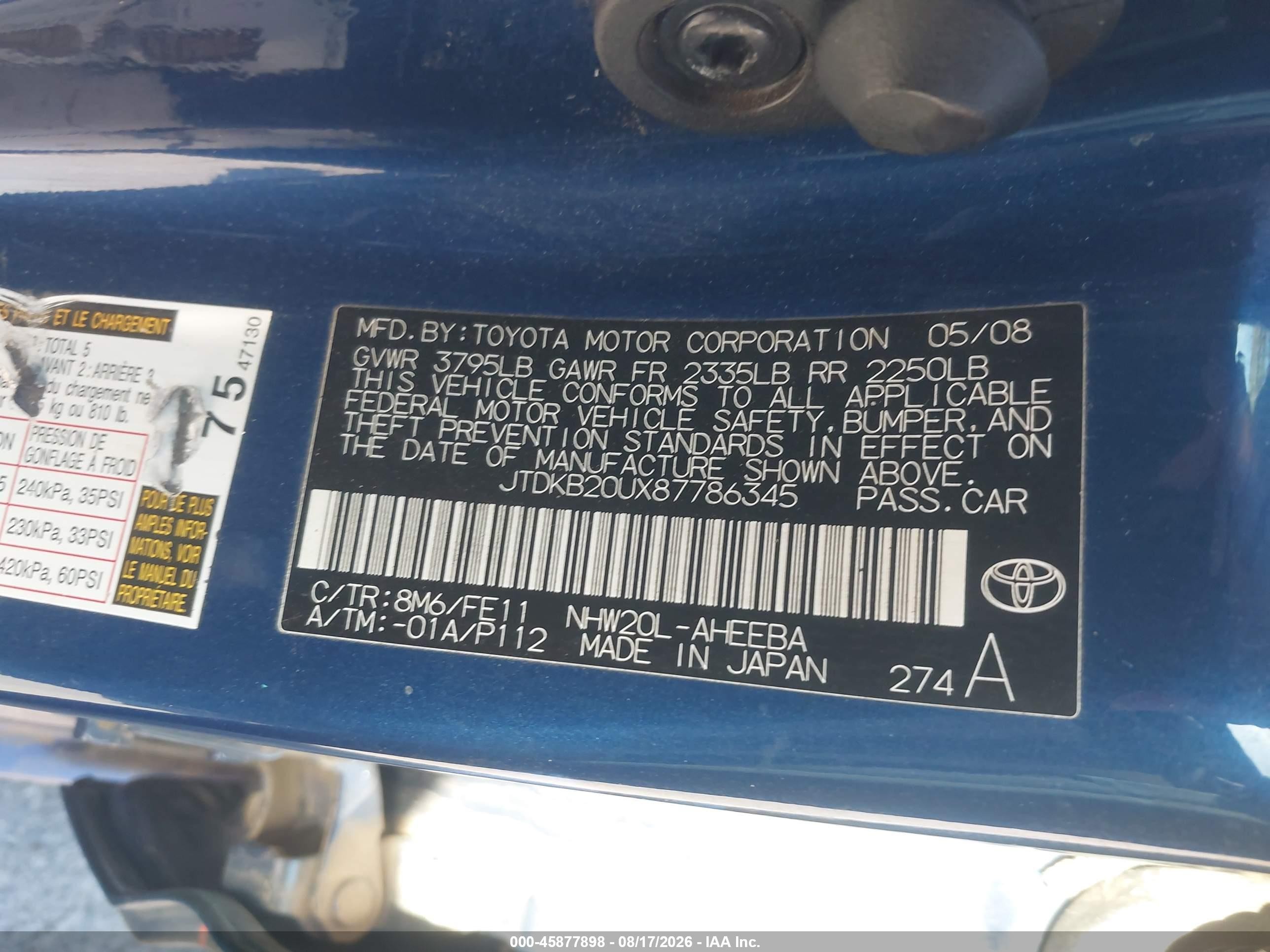 2008 Toyota Prius   Blue vin: JTDKB20UX87786345