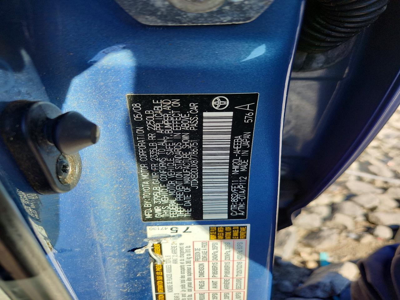 2008 Toyota Prius Base Blue vin: JTDKB20UX87786751