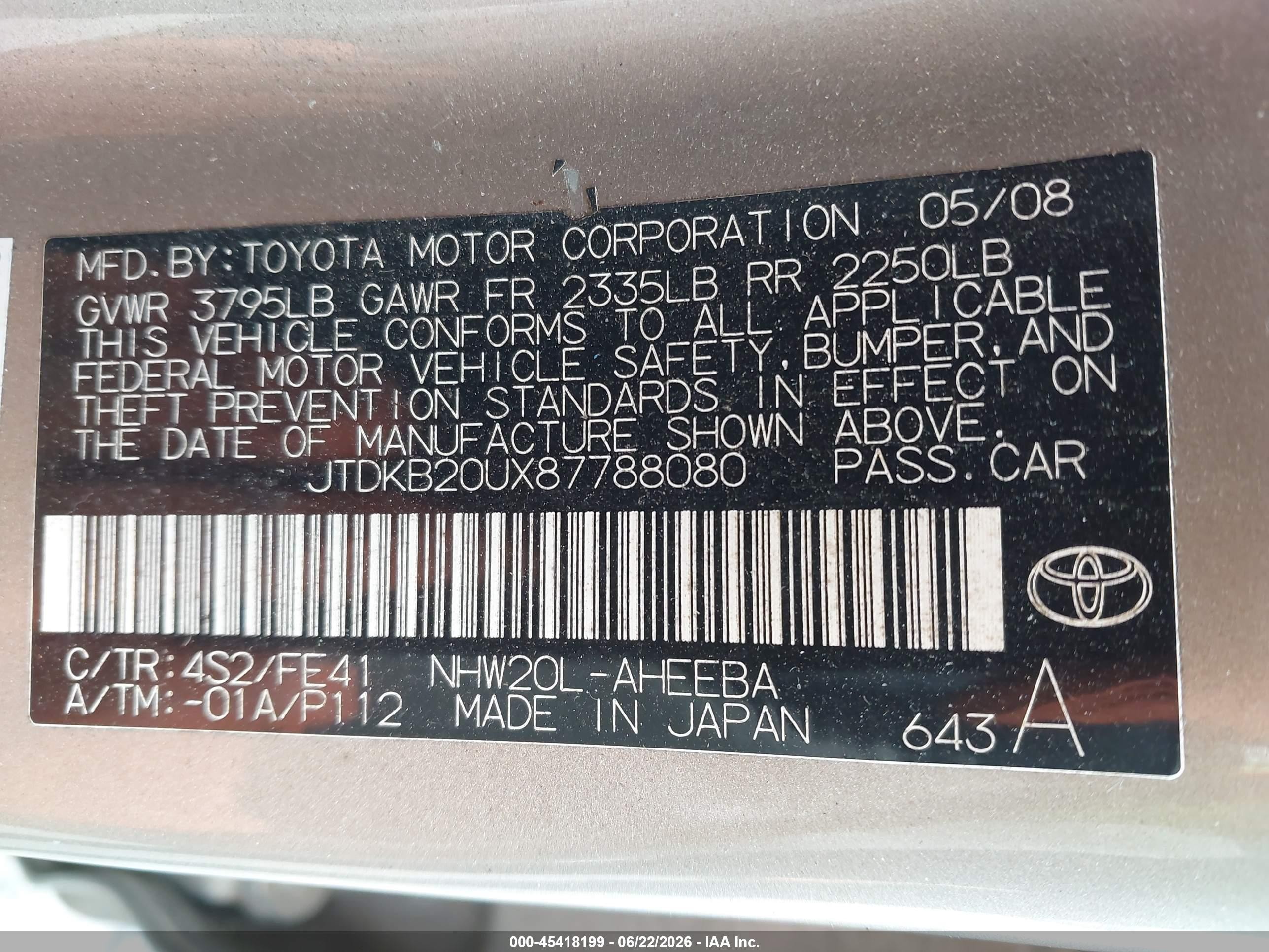 2008 Toyota Prius   Gold vin: JTDKB20UX87788080