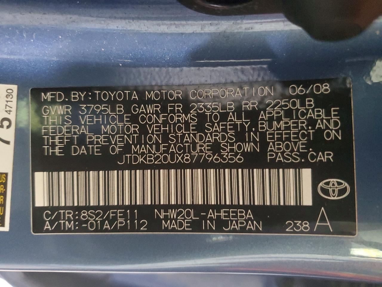 2008 Toyota Prius Base Blue vin: JTDKB20UX87796356