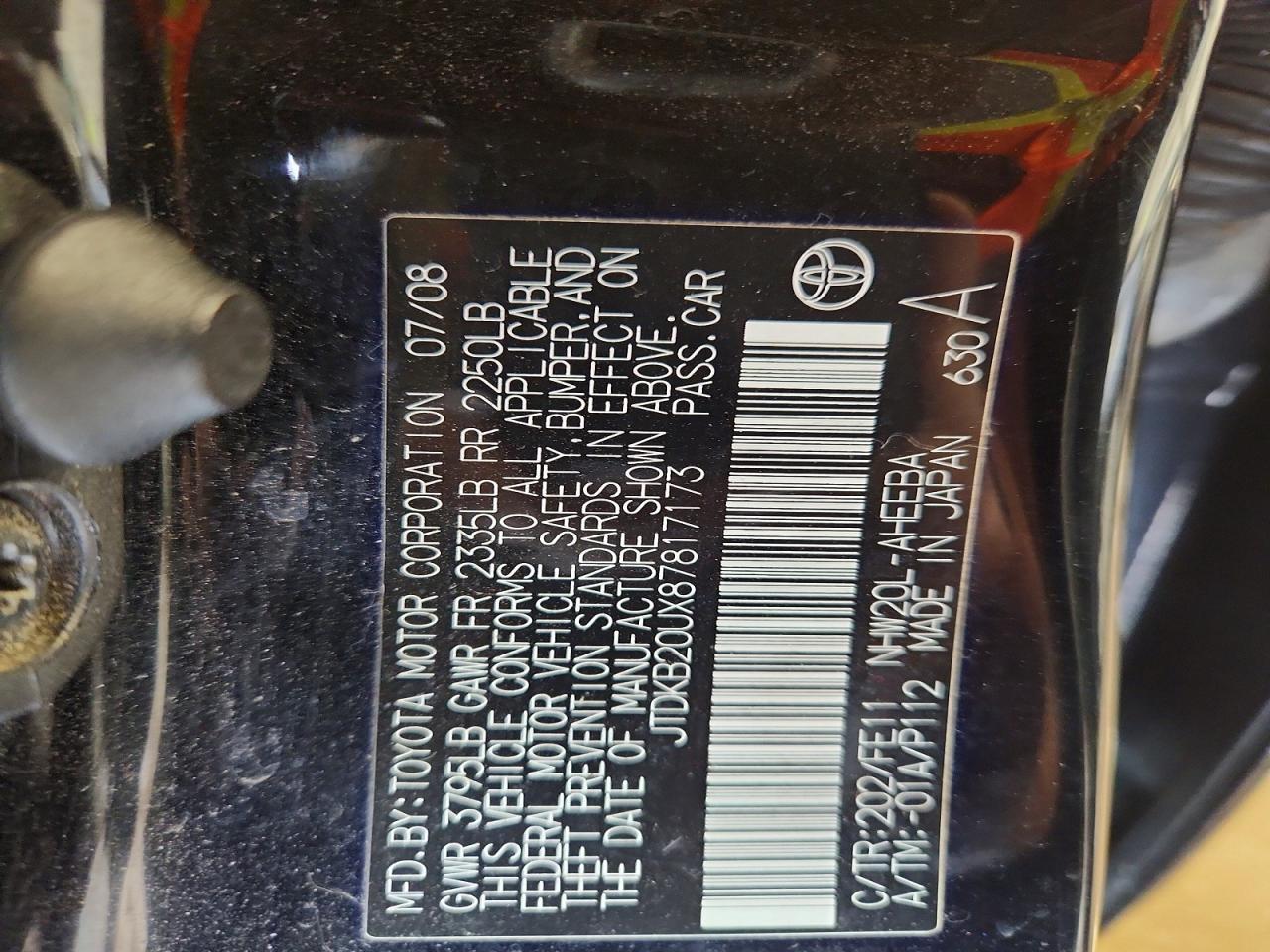 2008 Toyota Prius Base Black vin: JTDKB20UX87817173