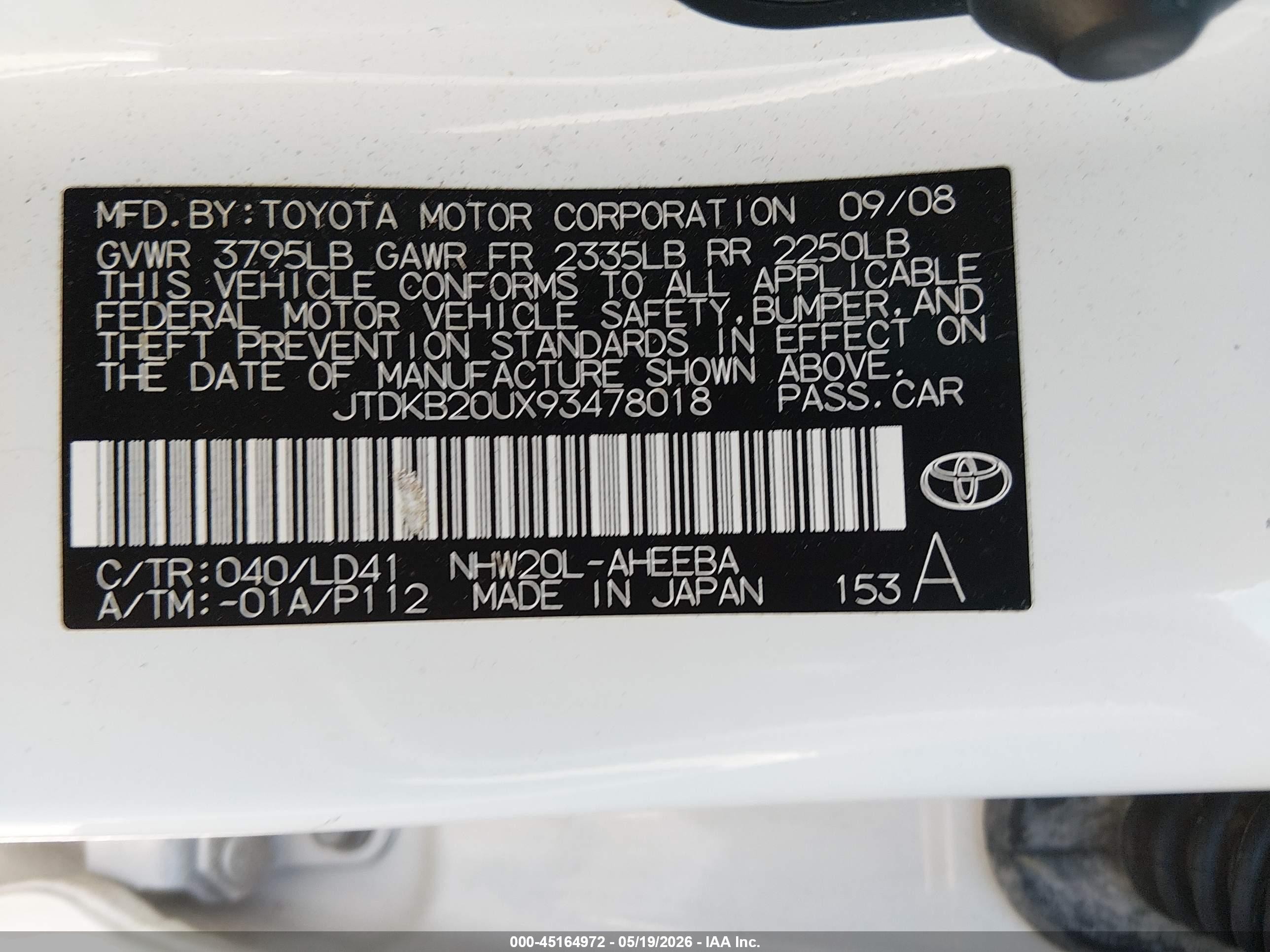 2009 Toyota Prius   White vin: JTDKB20UX93478018