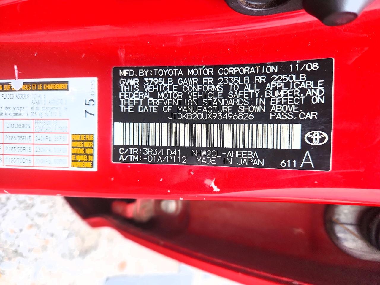 2009 Toyota Prius Base Красный vin: JTDKB20UX93496826