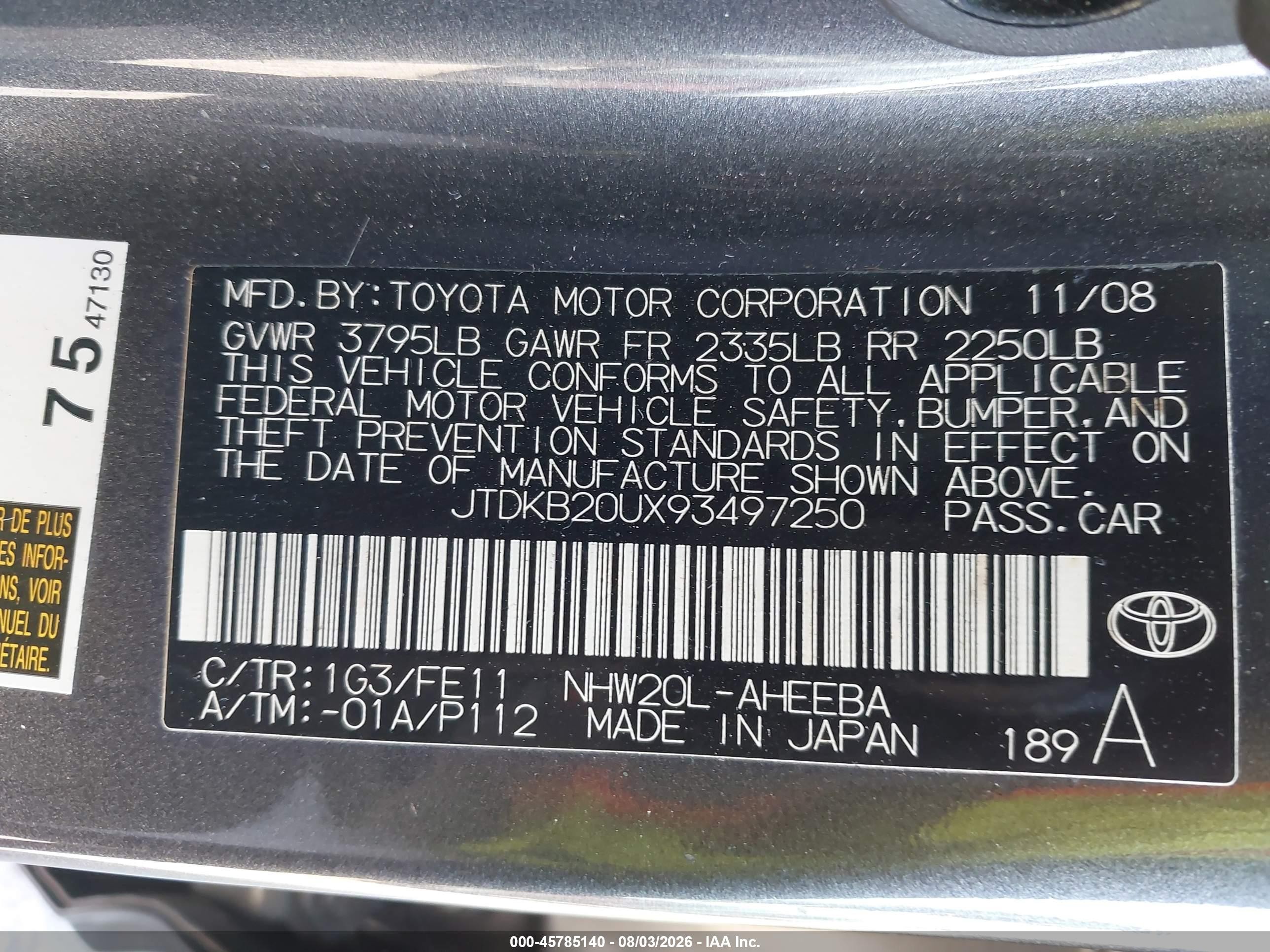 2009 Toyota Prius Gray vin: JTDKB20UX93497250