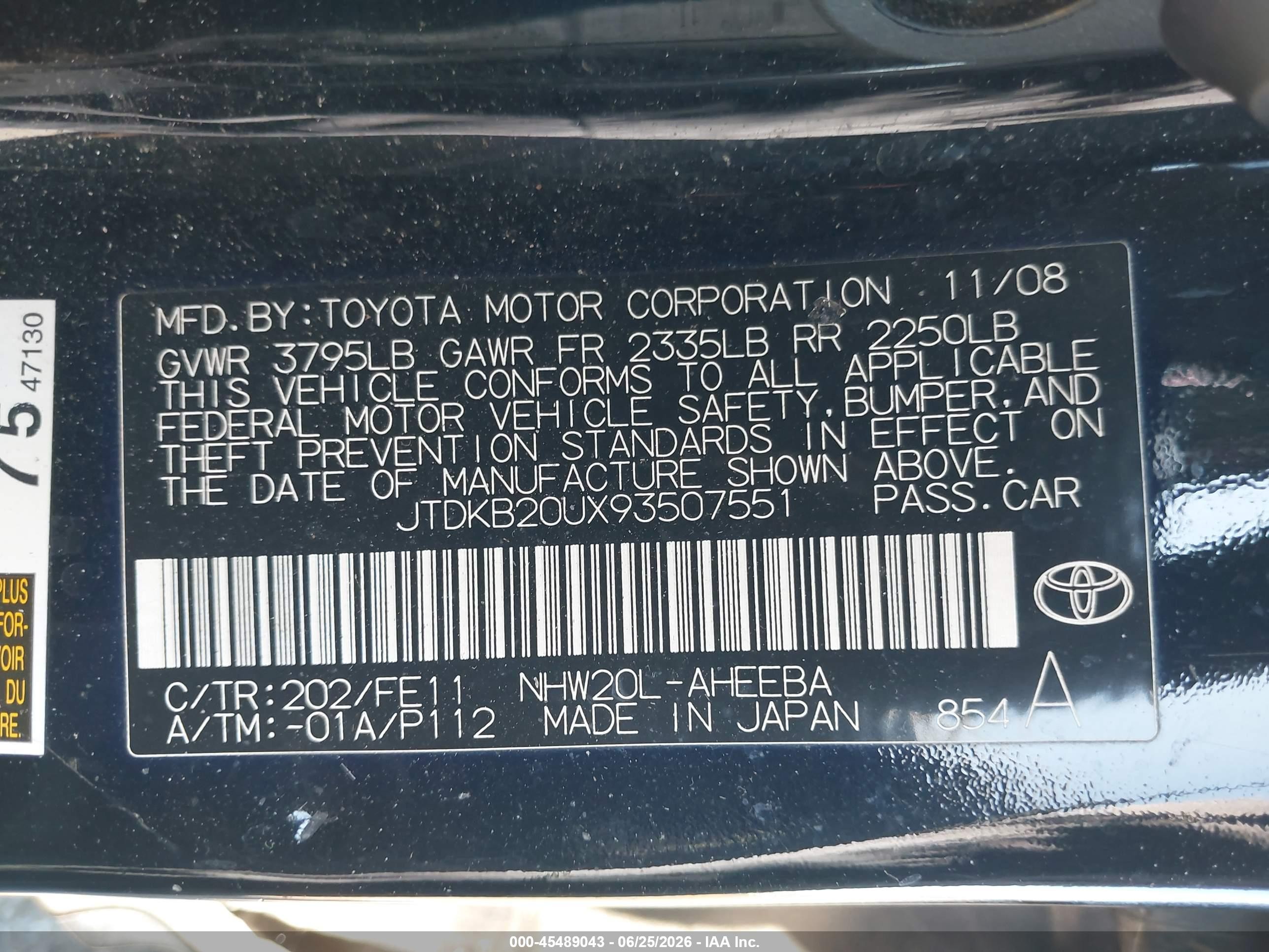 2009 Toyota Prius Black vin: JTDKB20UX93507551