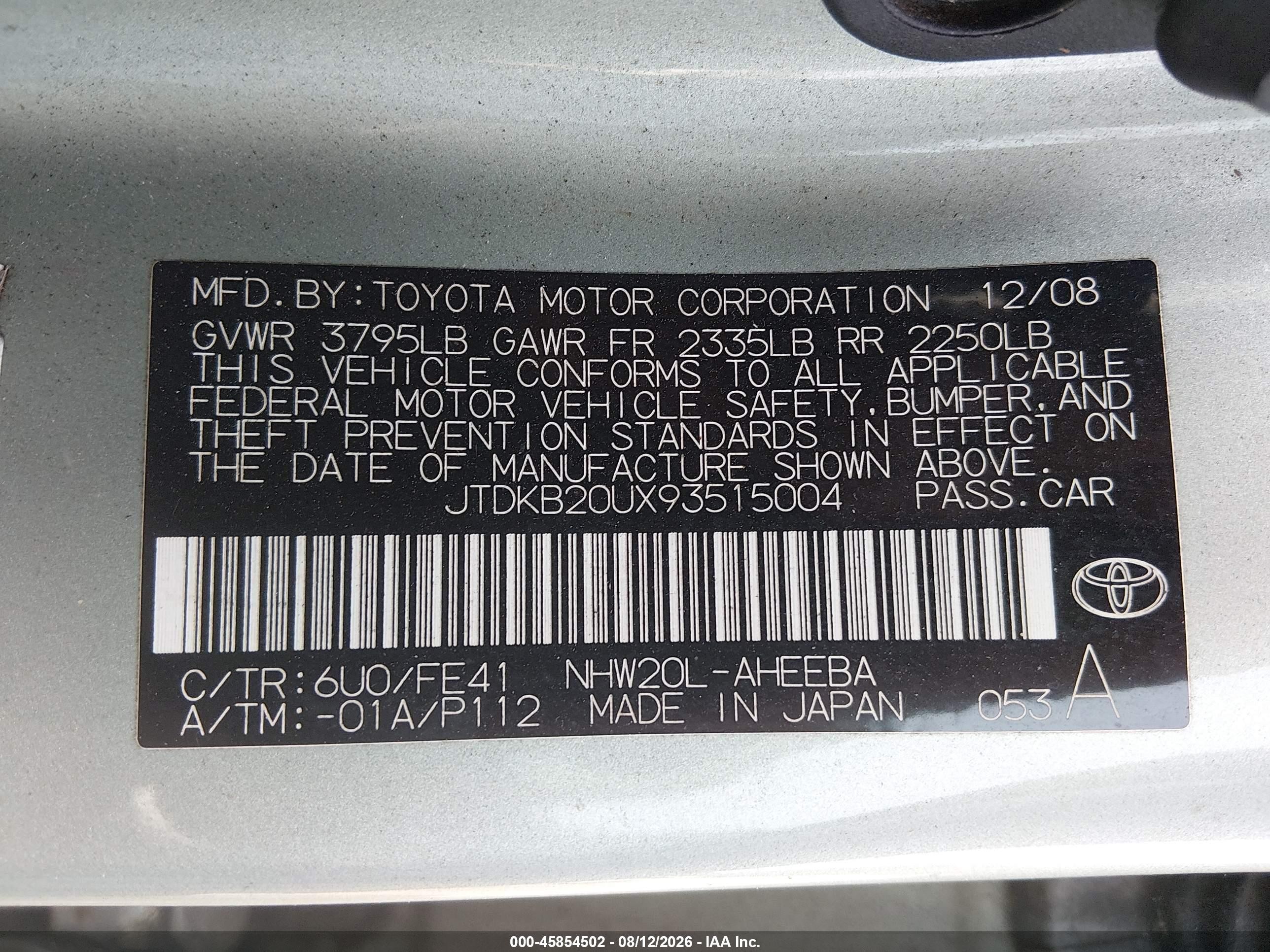 2009 Toyota Prius   Green vin: JTDKB20UX93515004