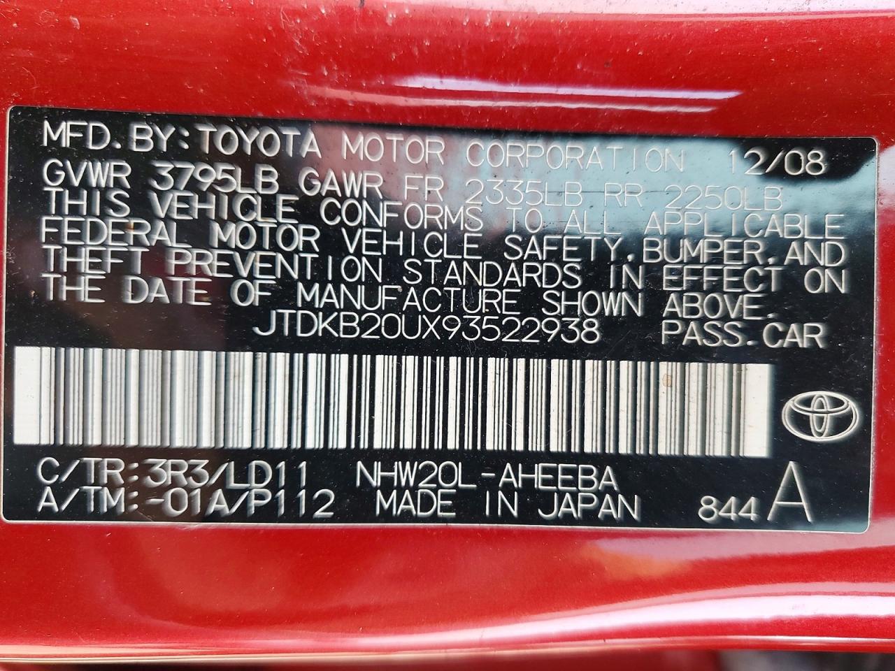 2009 Toyota Prius Base Red vin: JTDKB20UX93522938