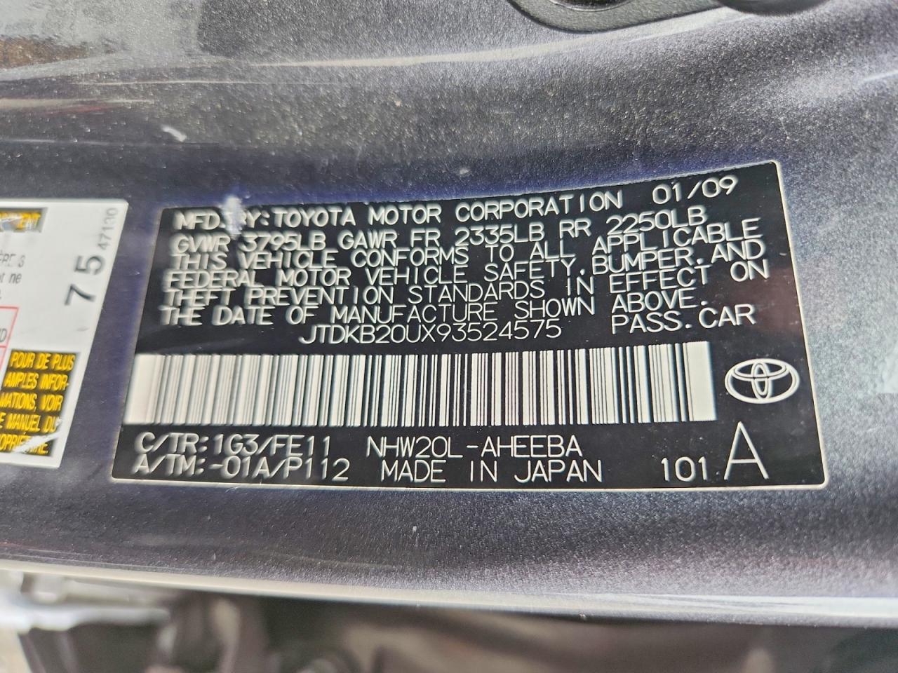2009 Toyota Prius Base Gray vin: JTDKB20UX93524575