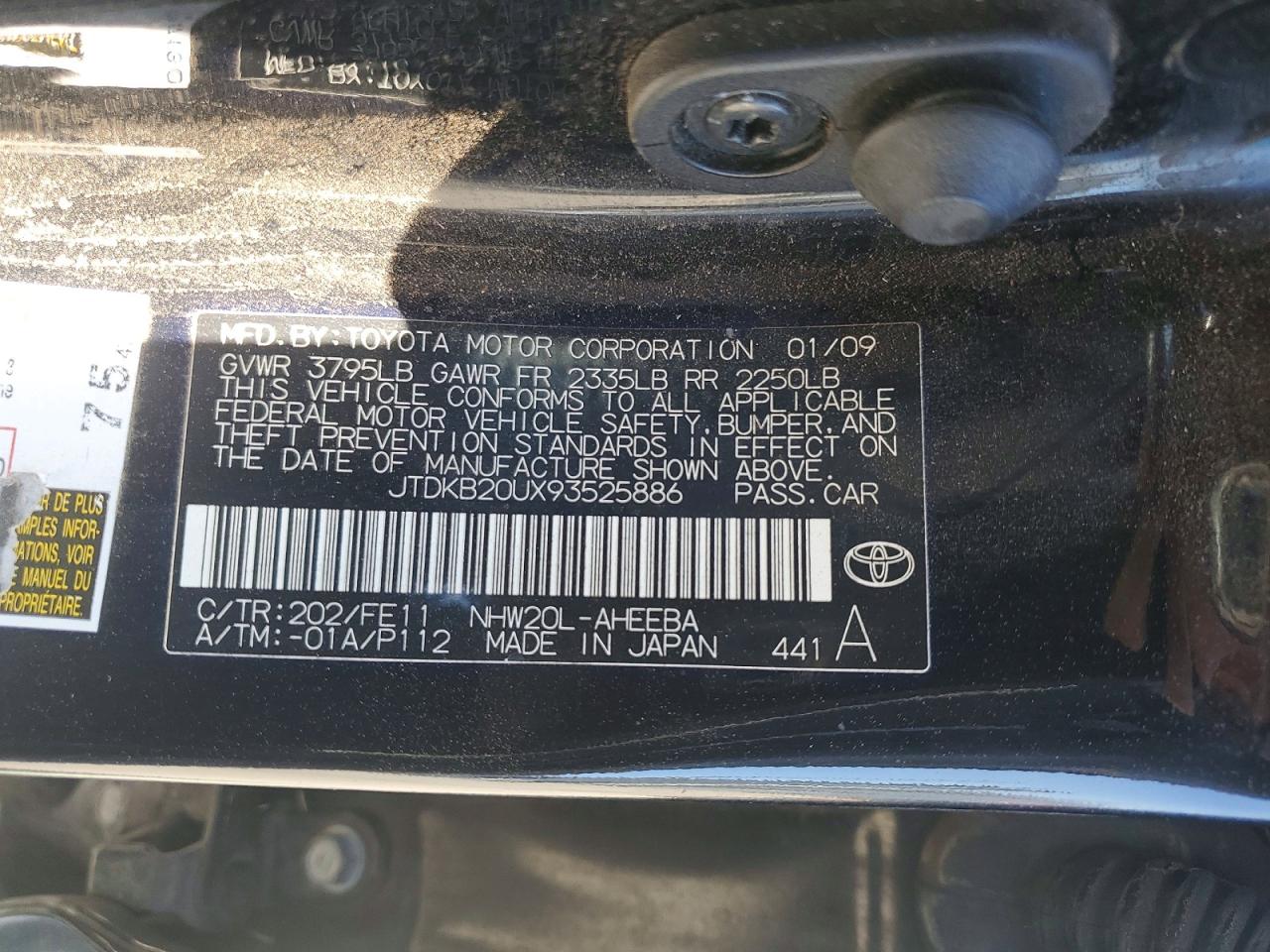 2009 Toyota Prius Base Black vin: JTDKB20UX93525886