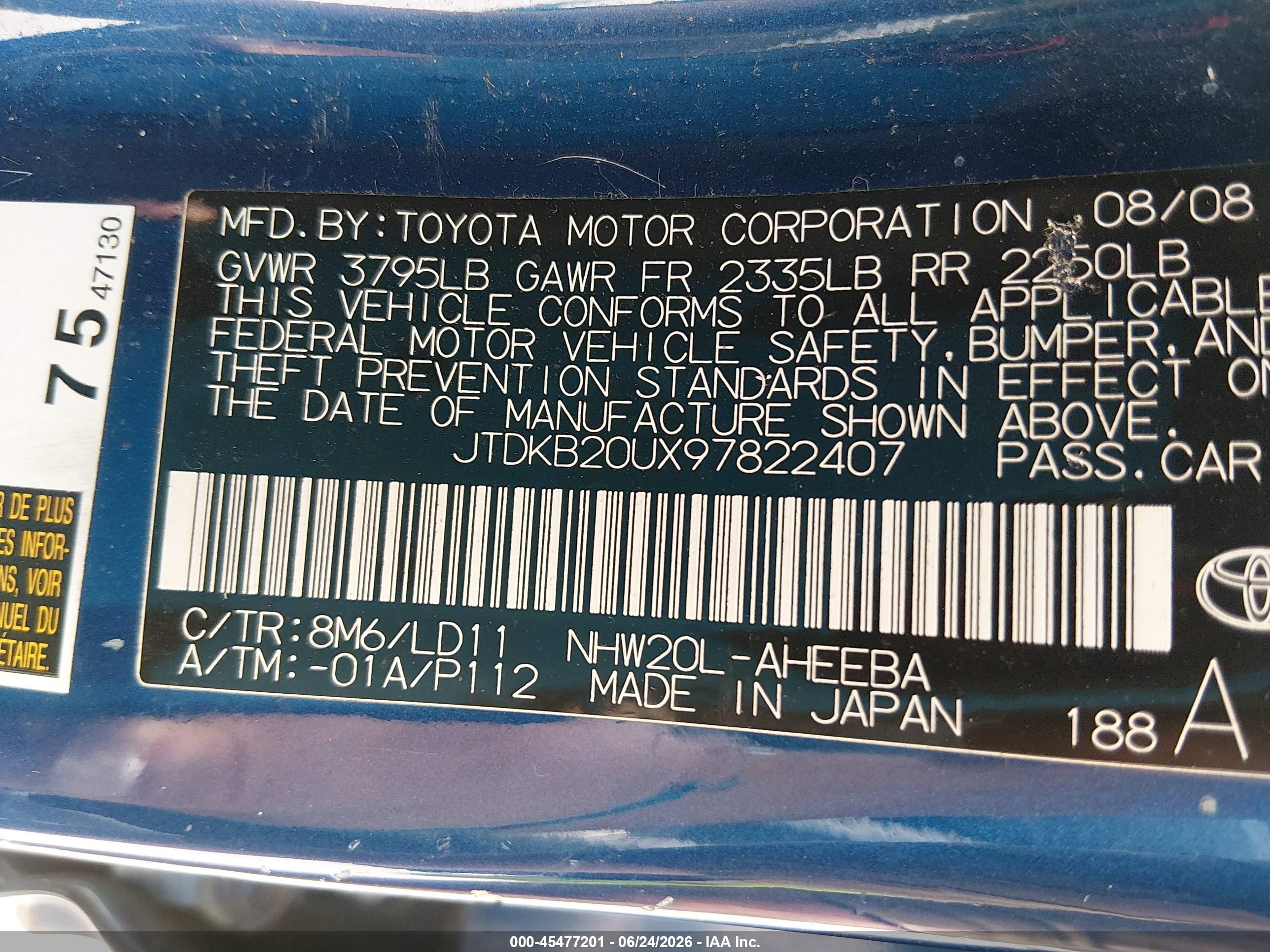 2009 Toyota Prius   Blue vin: JTDKB20UX97822407