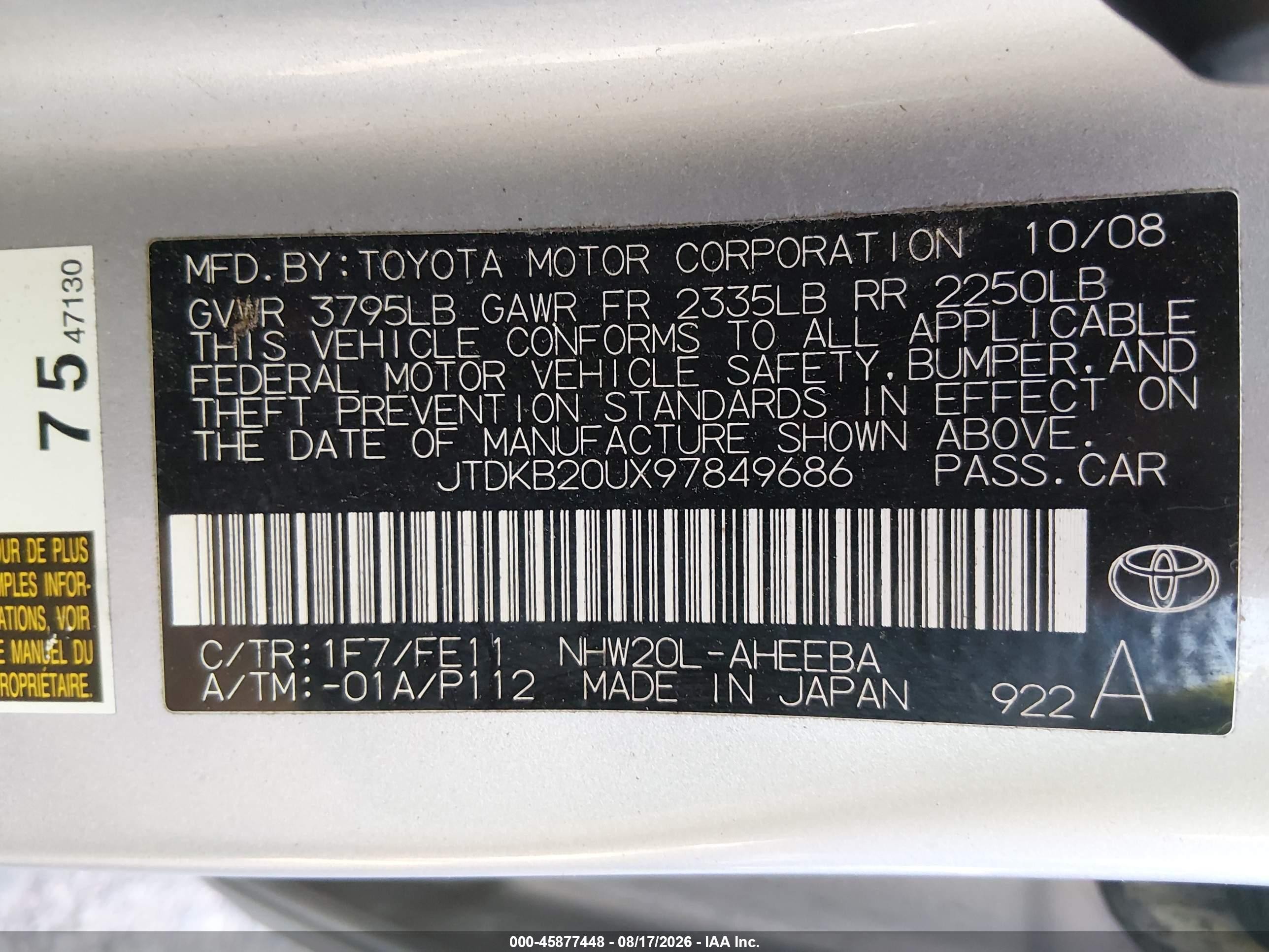 2009 Toyota Prius   Silver vin: JTDKB20UX97849686