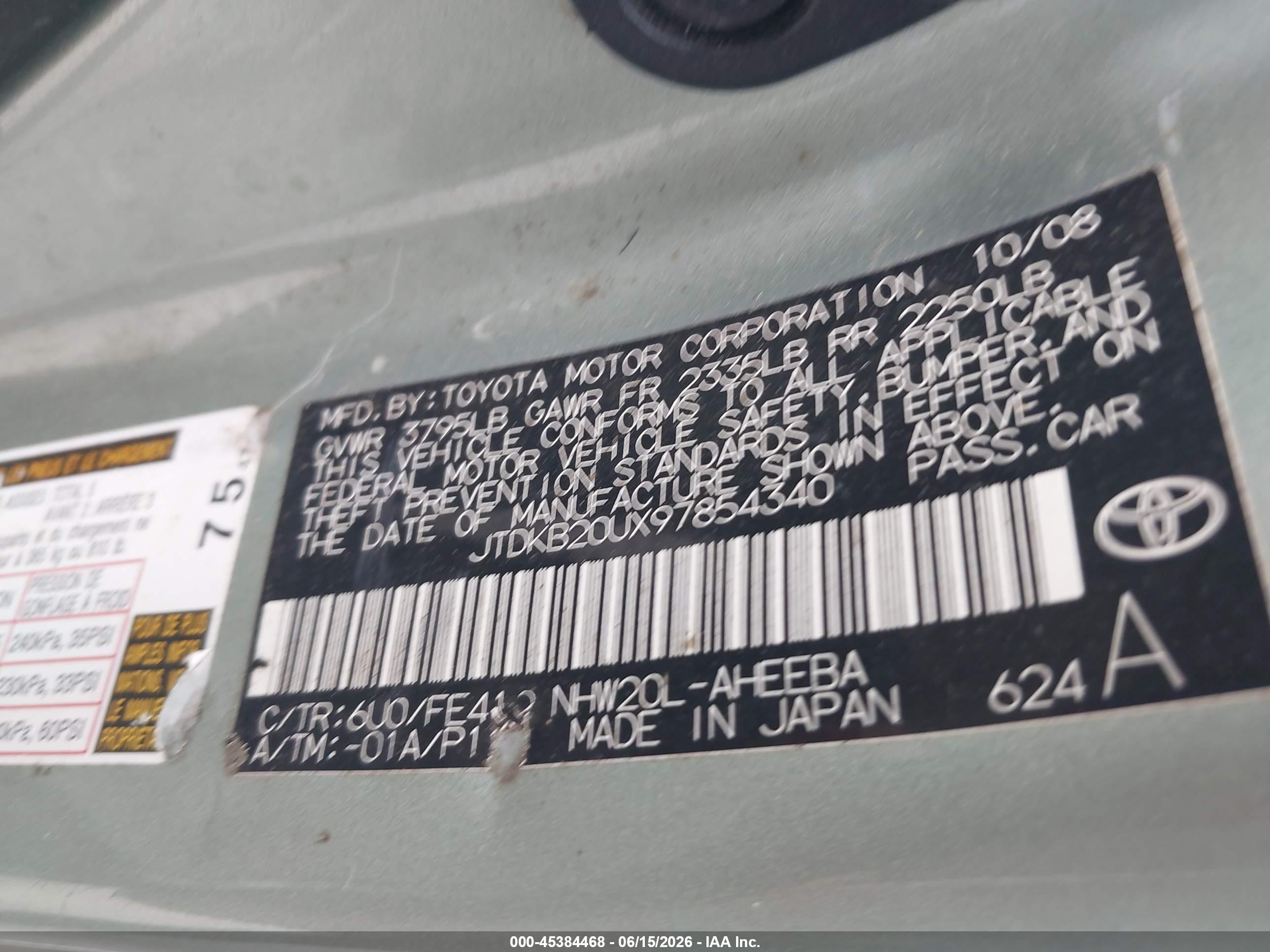 2009 Toyota Prius   Green vin: JTDKB20UX97854340